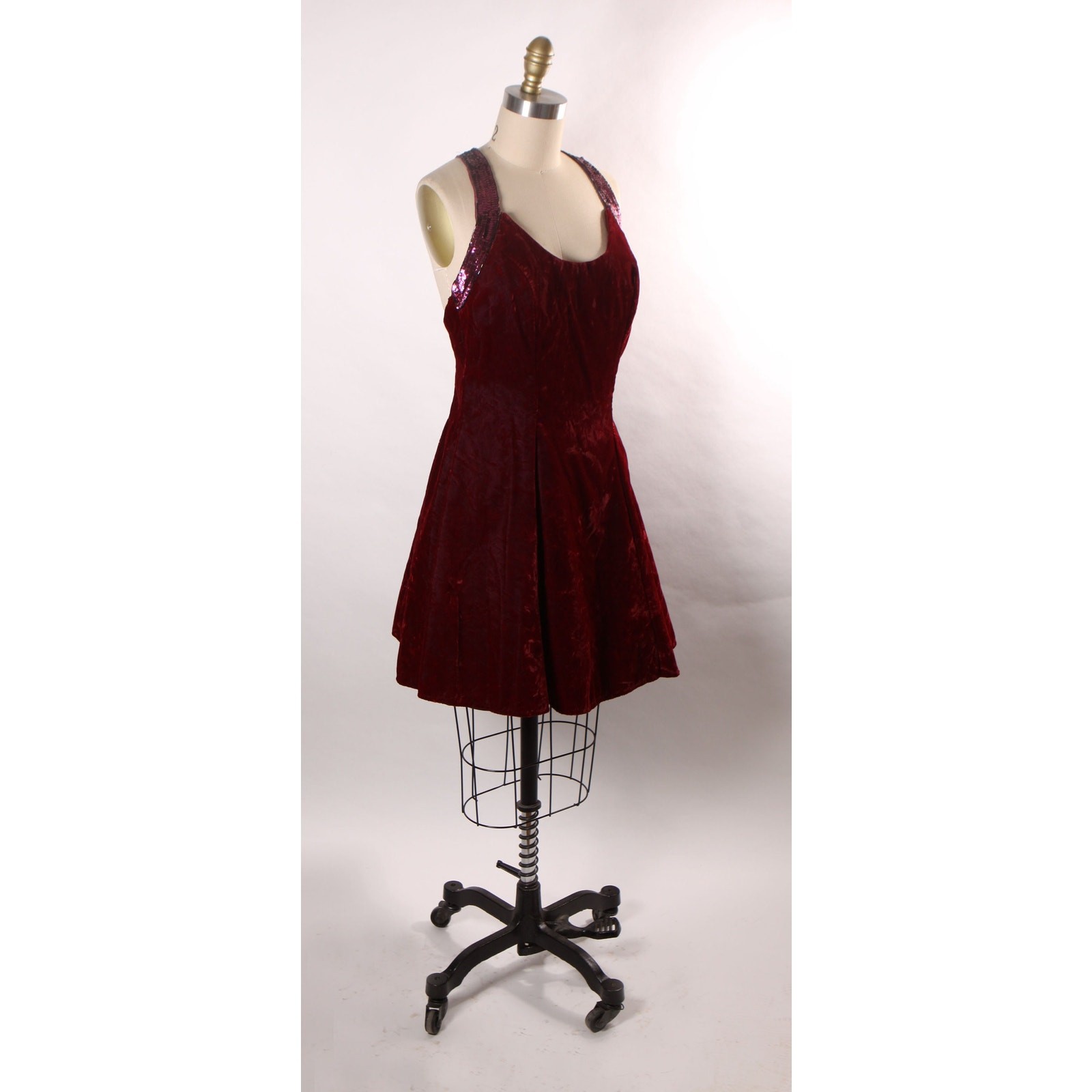 1980s 1990s Burgundy Velvet Beaded Flared Skirt Formal Prom Dress by De-Laru