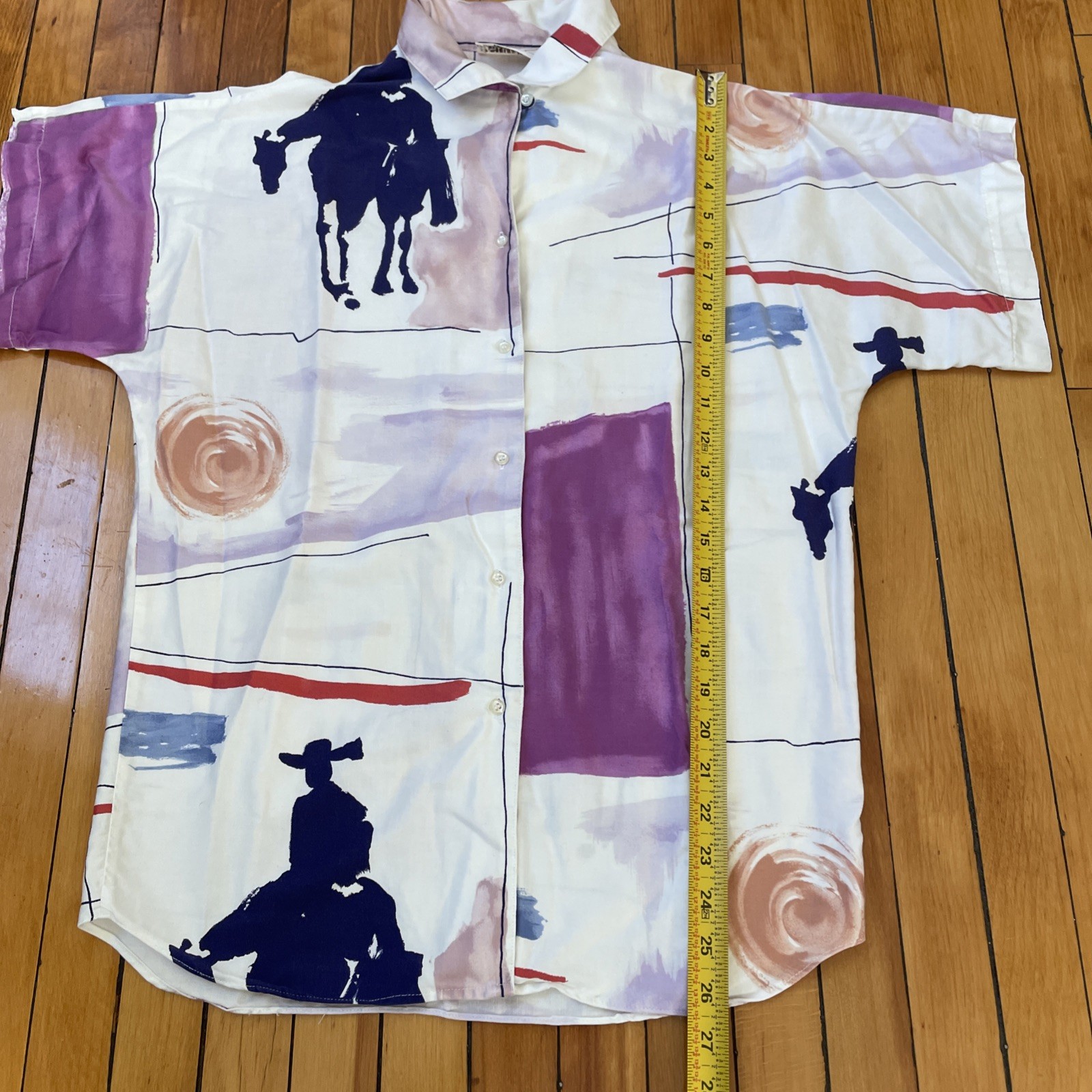 Vtg 80s Stuart Lang Button Up Abstract Art Deco Horse Cowboy Western Sz 6 L