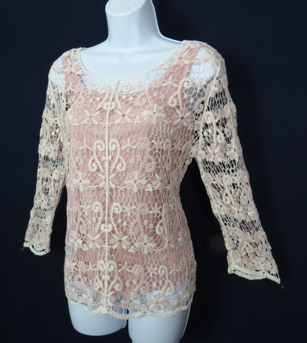 VTG 1980s 90s OSCAR DE LA RENTA ACTIVE FLORAL CROCHETED LACE TOP CREAM MAUVE