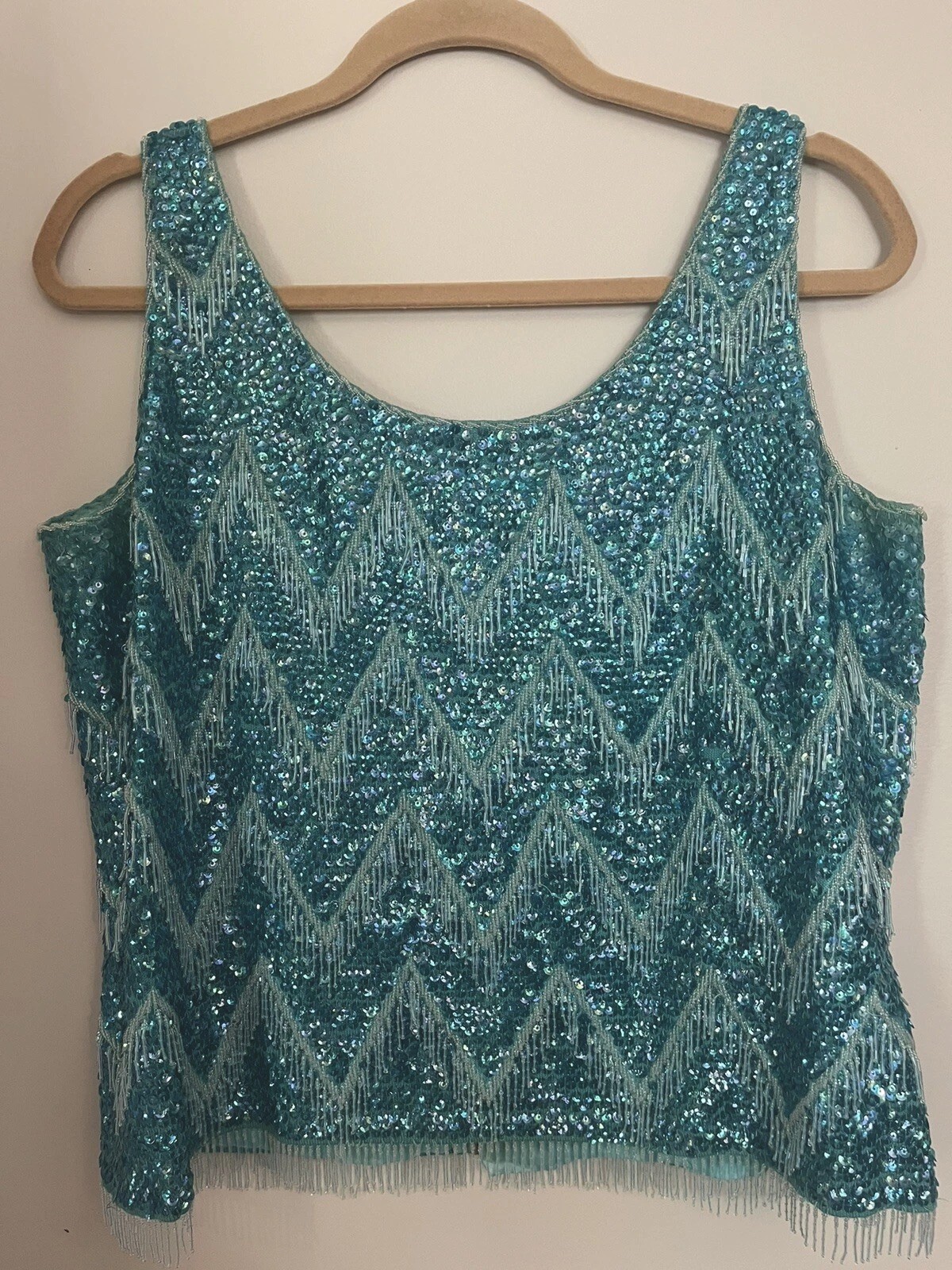 Vintage 1960s Hand Beaded Turquoise Sequin Fringe Top Art Deco Gatsby Flapper