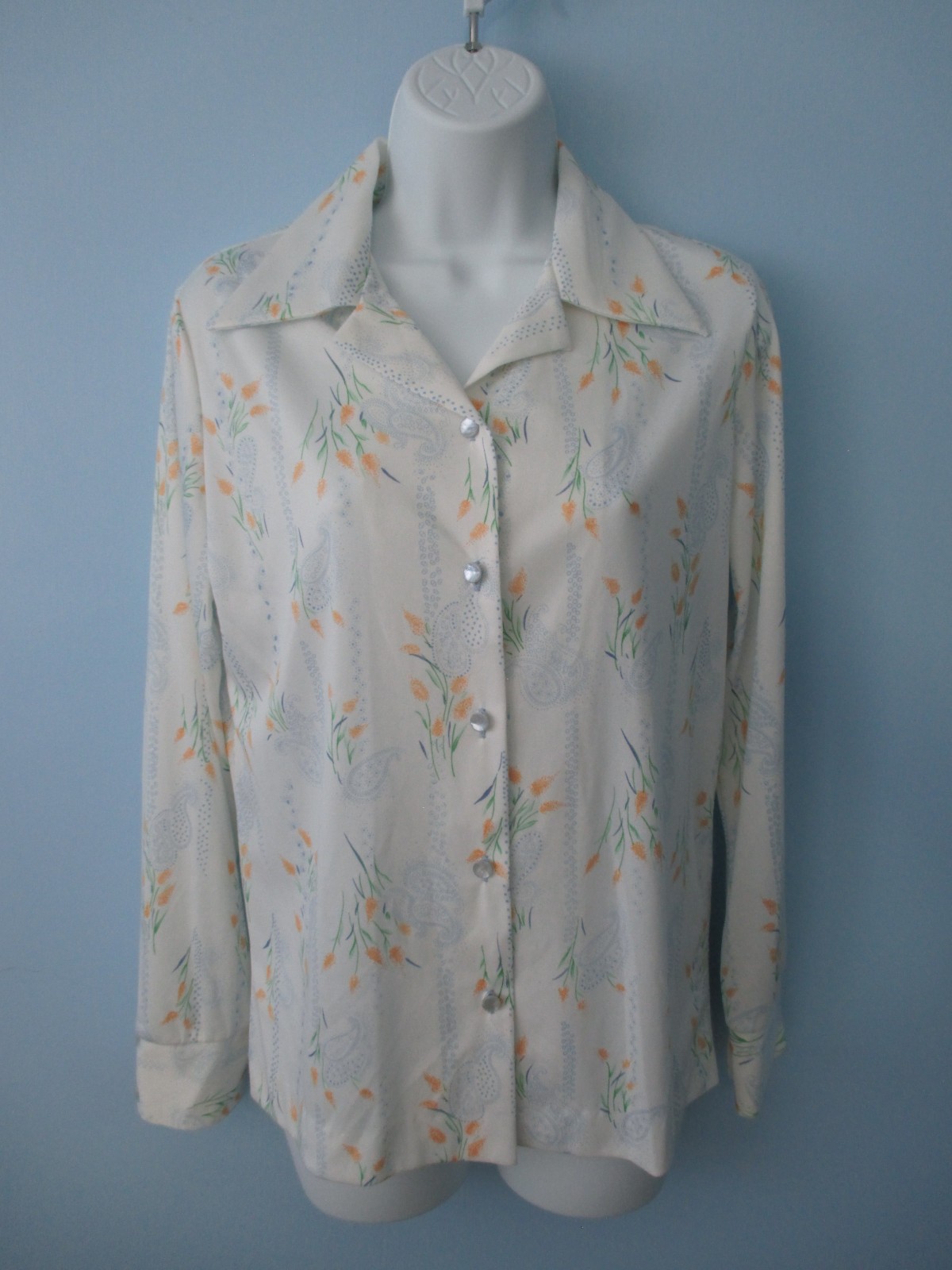 Authentic Vintage 1970s Graff Secretary Blouse – White Blue Yellow – Size M