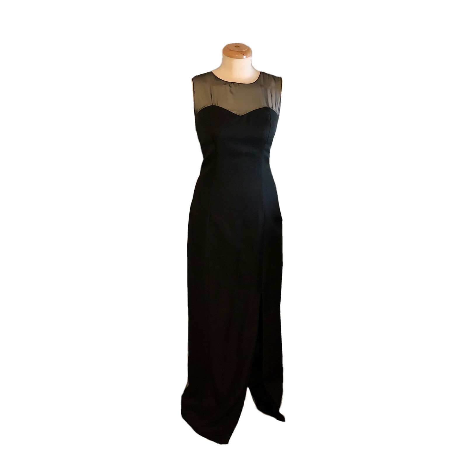 VTG 90s Formal Black Floor-Length Dress w Chiffon Streamers Rhinestone Brooches