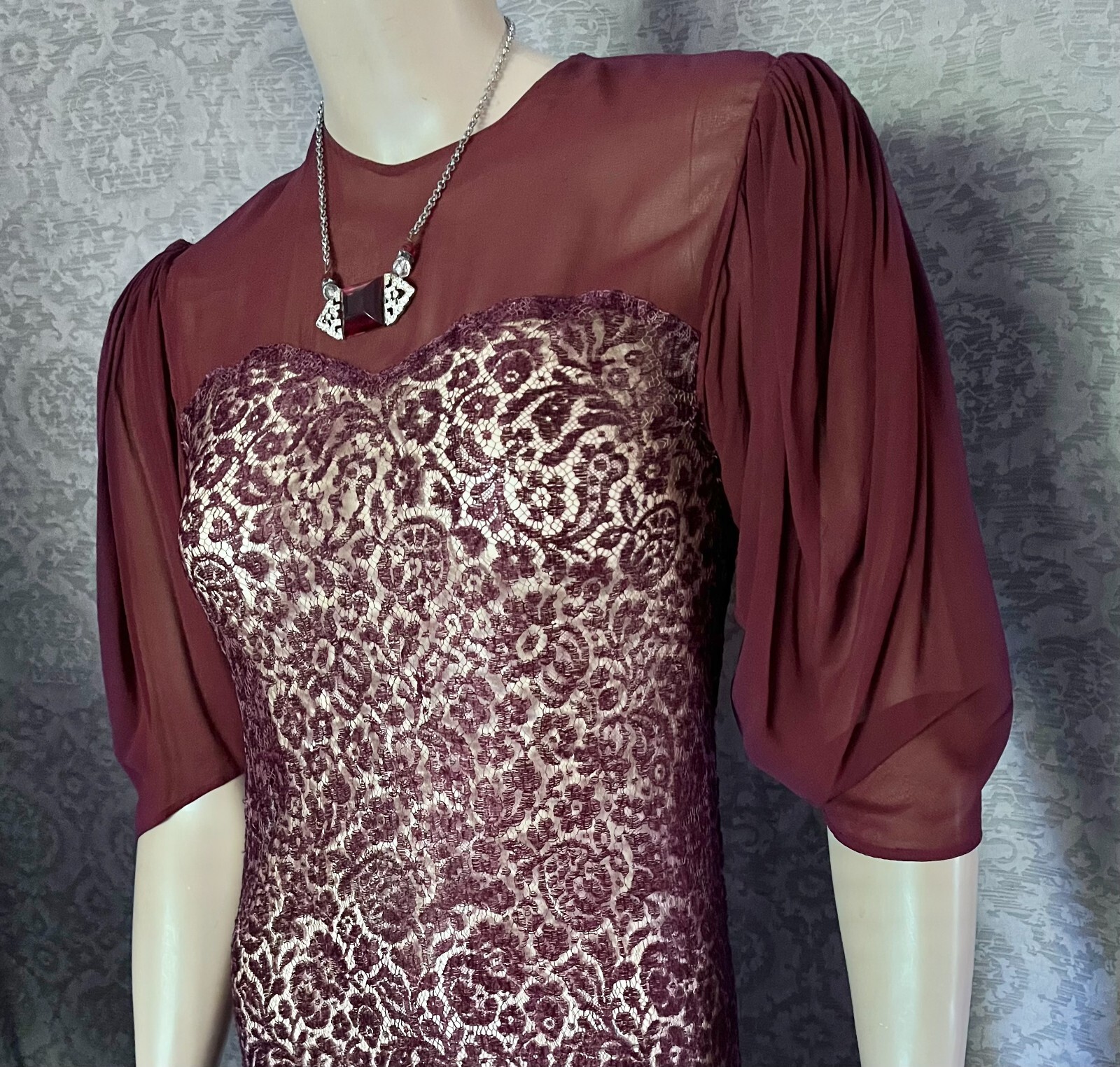 Charming 1930s Plum Silk Lace, Chiffon Occasion Dress, Excellent, Petite, Small