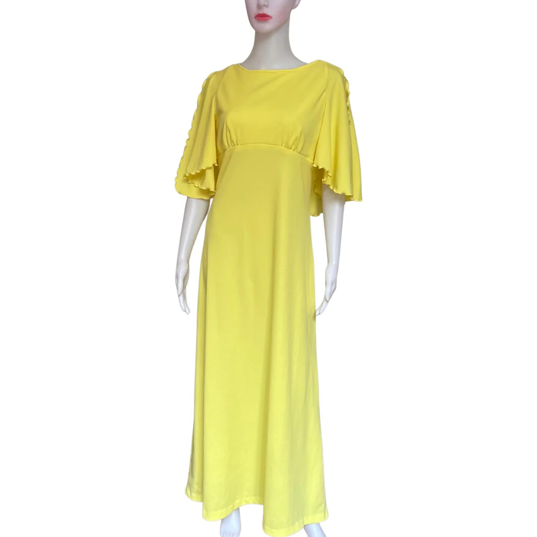 Vintage 1970s Maxi Yellow Dress with Flutter Sleeves Polyester Size M