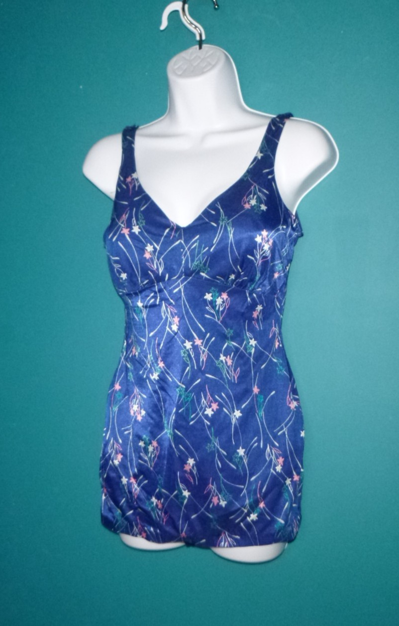 Vtg 70s Maxine of Hollywood Swimsuit One Piece BLue W/ Flowers Sz 18