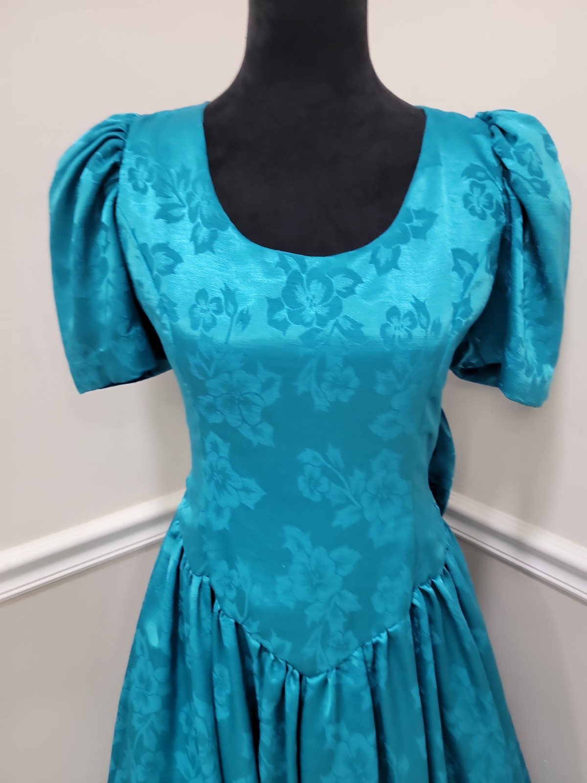 VTG 80s Emerald Satin Ball Gown Puff Sleeve Prom Formal Evening Dress Bow #1