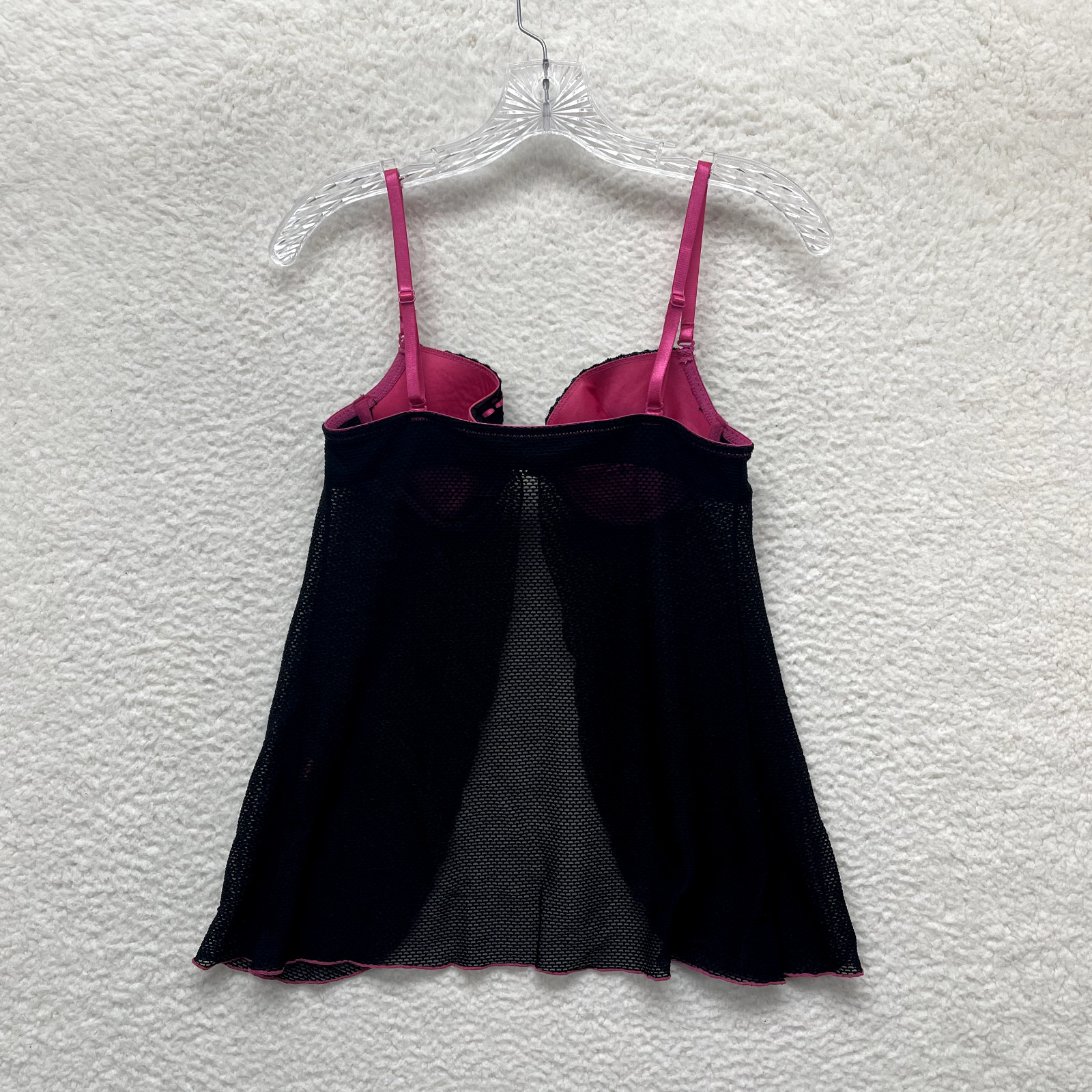 Y2K Vintage Hot Kiss Babydoll Slip Dress 34C Black Pink Net Mesh Front Clasp