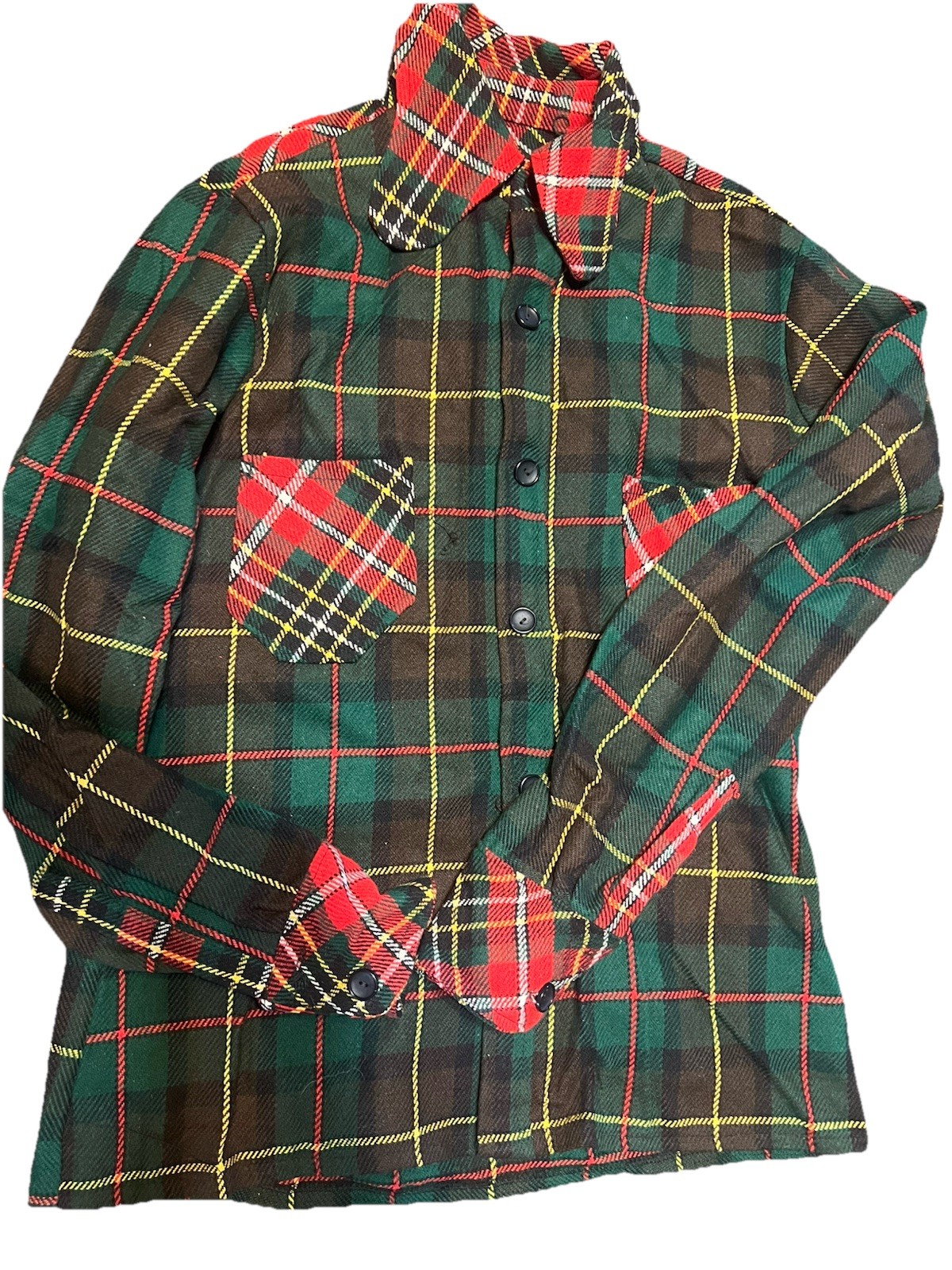 Vintage 1970s Green/Red Tartan Plaid Wool Blouse Women’s L Wide Collar Pockets