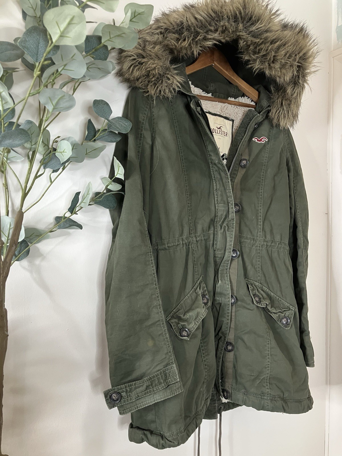 VTG Hollister Army Green Parka Jacket Sherpa Lined Womens M Y2K Faux Fur Hood
