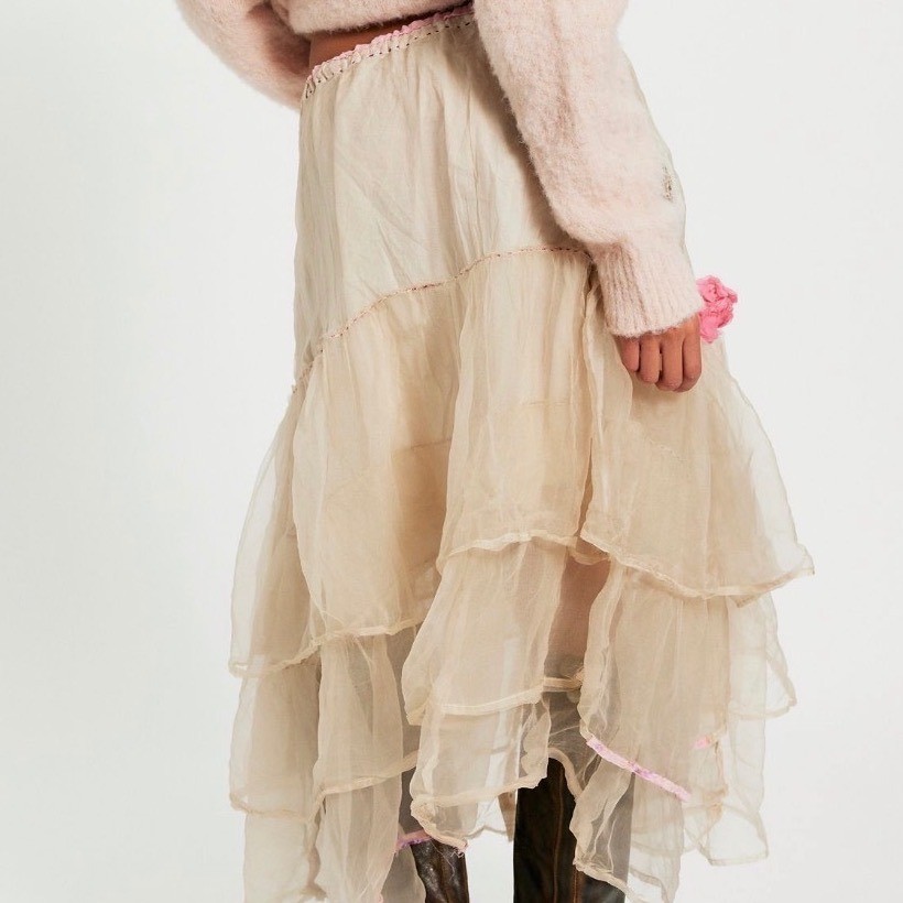 Magnolia Pearl Silk Organza Ruffled Layered Skirt Whimsy Handmade Pink Roses NWT