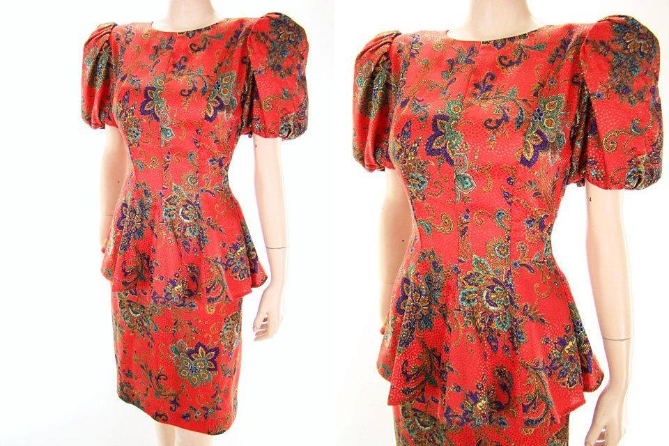 VTG 80s Silky Red Paisley Balloon Sleeve Slim Skirt Suit 2 Piece Dress S/M