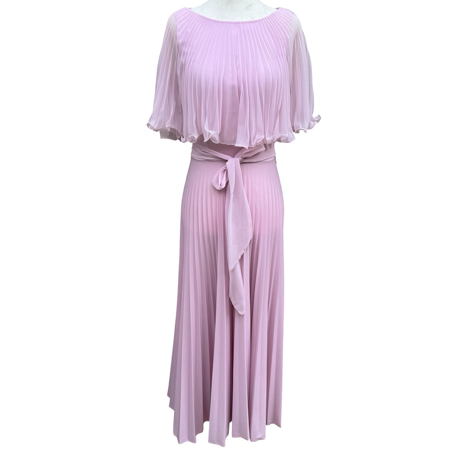 Vintage Goddess Pink Pleated Maxi Dress Capelet Flutter Sleeve Size 8 70s USA