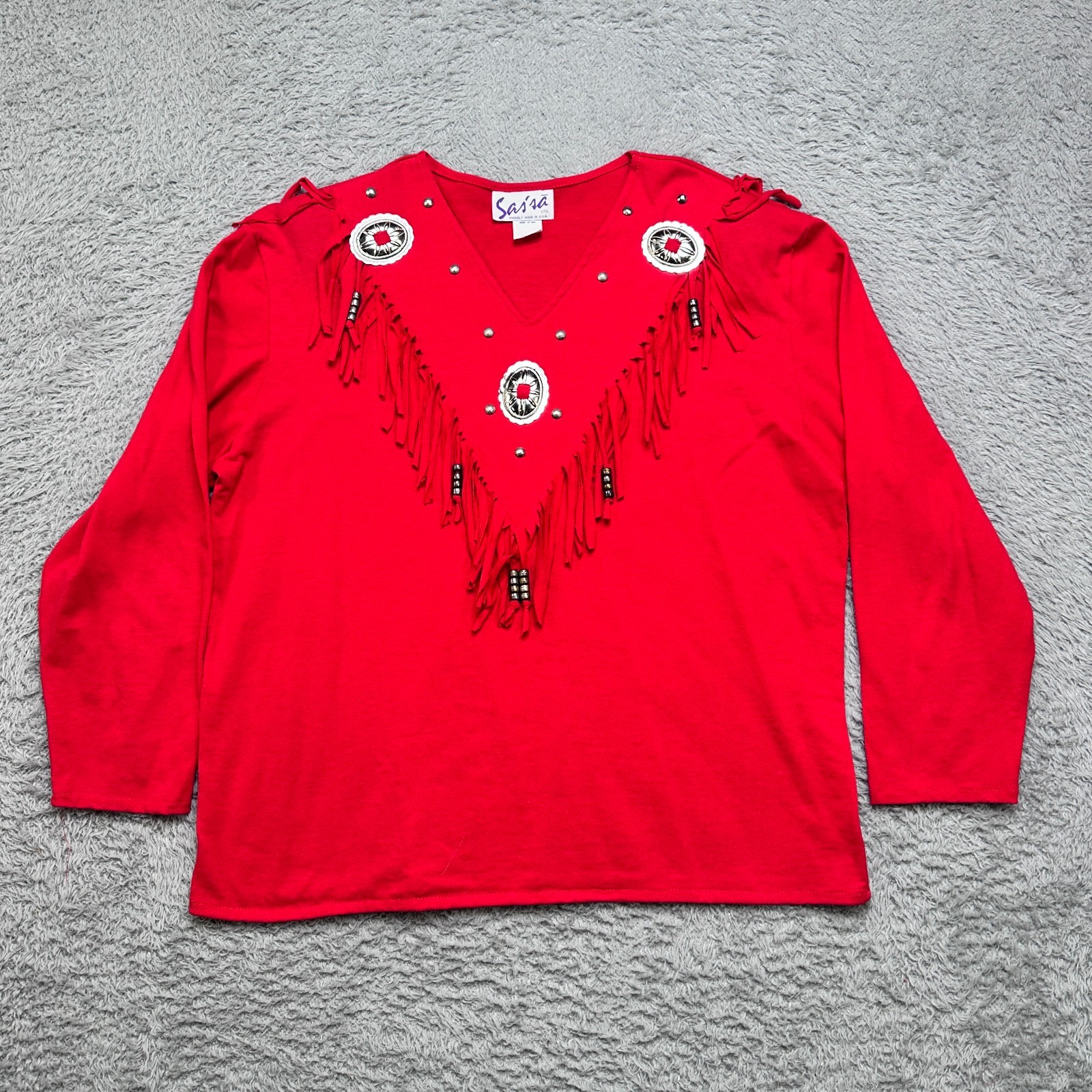 Vintage 90s Western Fringe Shirt Large Red Beads Tassel Cowgirl Rodeo USA Made