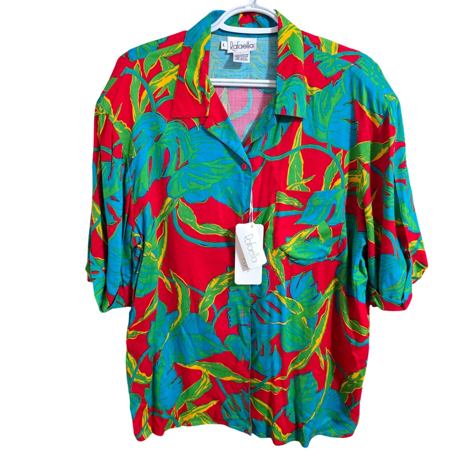 Rafaella Women Large Shirt Red Tropical Leaf Shoulder Pads Vintage 80s Button Up