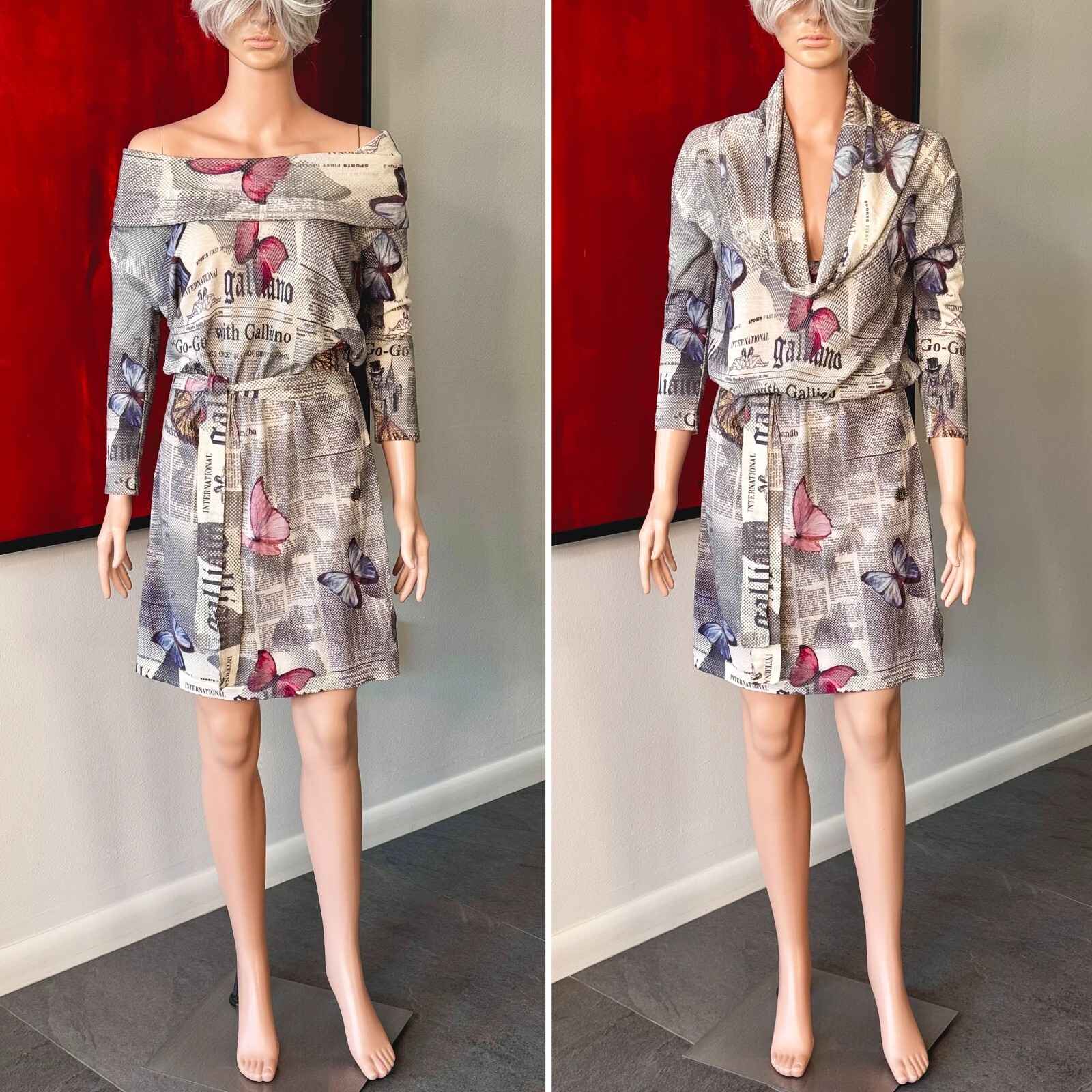 JOHN GALLIANO 2000s Gazette Newspaper Butterfly wool stretch dress print size M