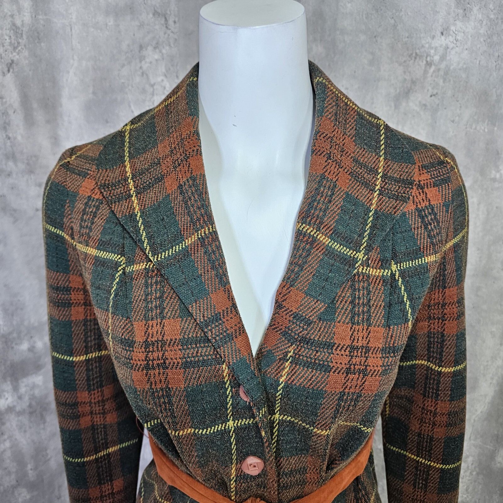 Vintage 70s Donovan Galvani Dallas Dbl Knit Polyester Brown Green Plaid Blazer