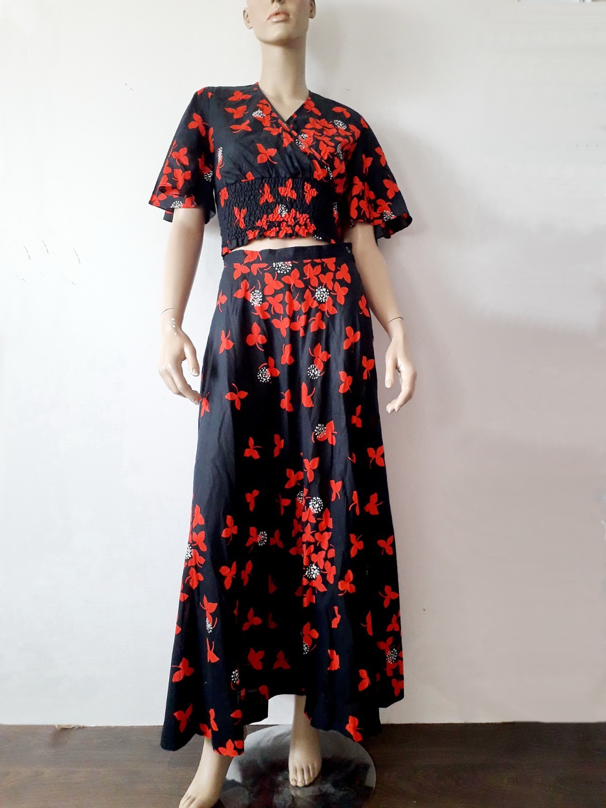 Finnish Vintage MERRY FINN Set Suit Top+Maxi Skirt Cotton Black Red 70s 80s