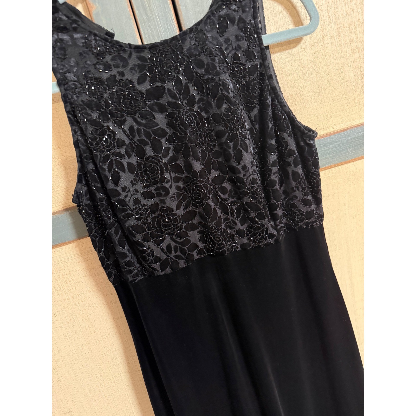 Plaza South Vintage 1999 Black Beaded Floral Burnout Velvet Maxi Dress Goth 8