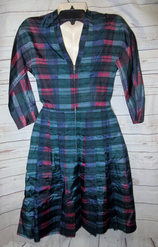 VTG 50’s Jonathan Logan Dress Rockabilly Satin Stripe Pleated 11 32/24/36 Plaid