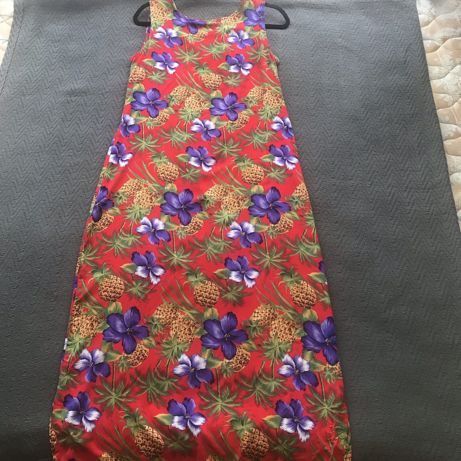 Vintage Dressing Clio Hawaiian Luau Maxi Dress Red Purple Hibiscus Pineapple S
