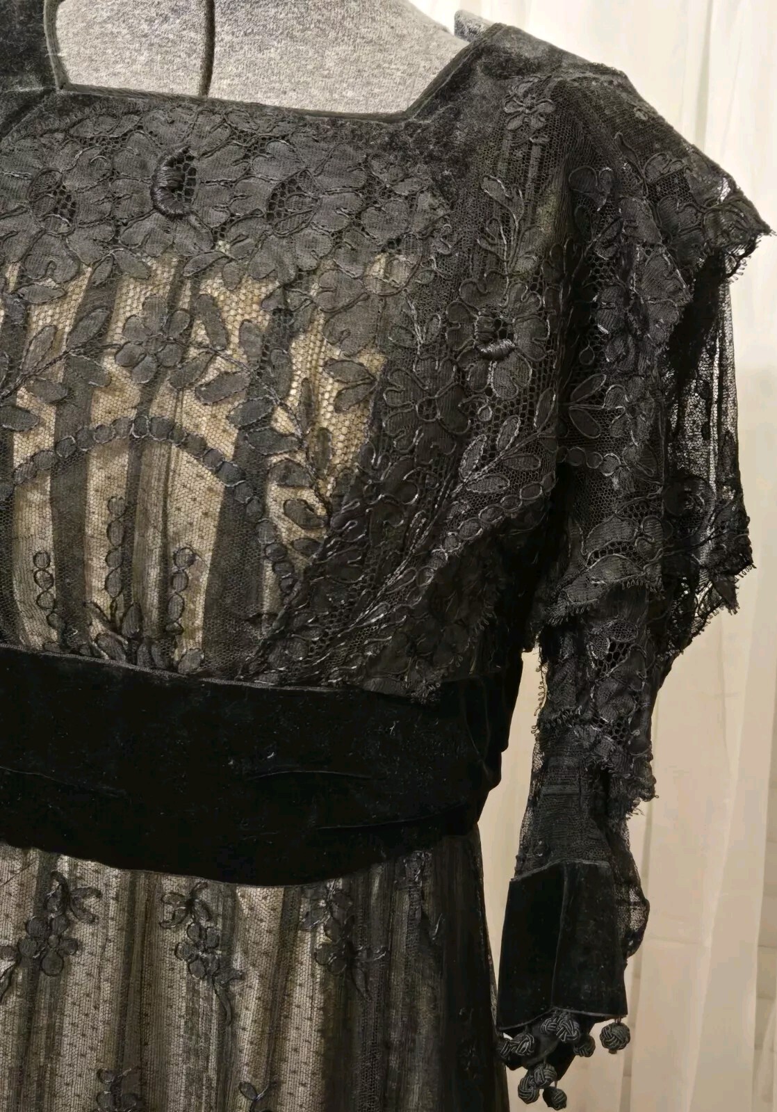 Edwardian Black Chantilly Lace Tassels & Velvet Trim Gown
