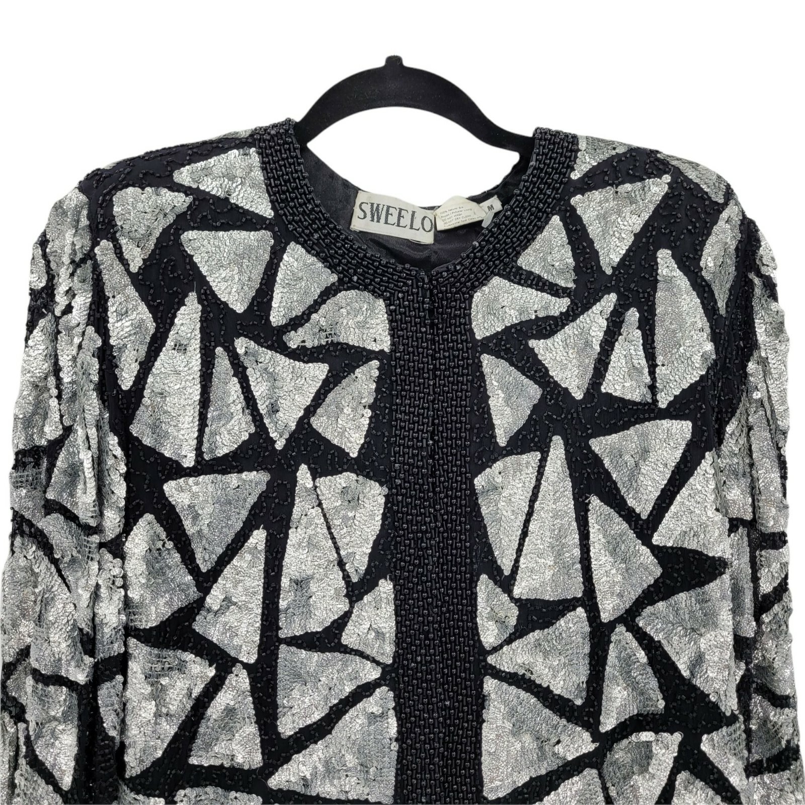 Vintage 80’s Sweelo Blazer M Silk Geometric Black Silver Metallic Sequin Beaded