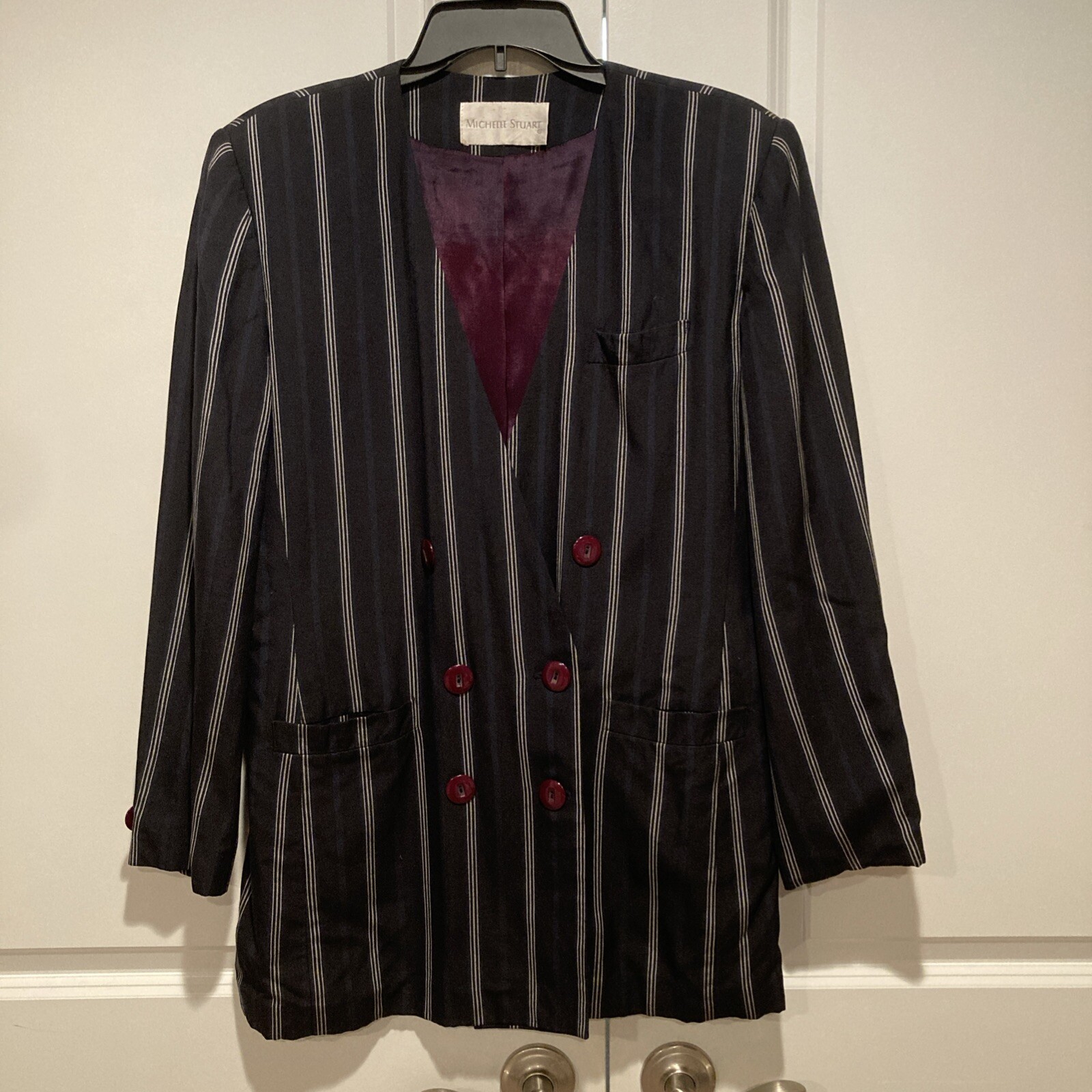 VTG 80s Michelle Stuart Women’s Pinstripe Navy Blazer Sz L / 12