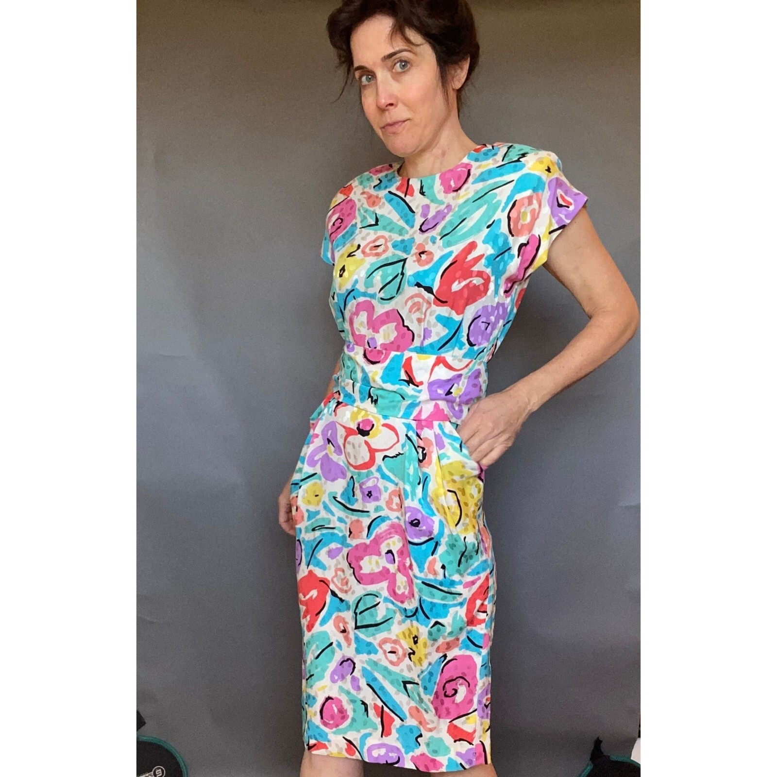 VTG Liz Claiborne Dress flower Sz P S M floral pastel silk 29″ waist 4 6 8