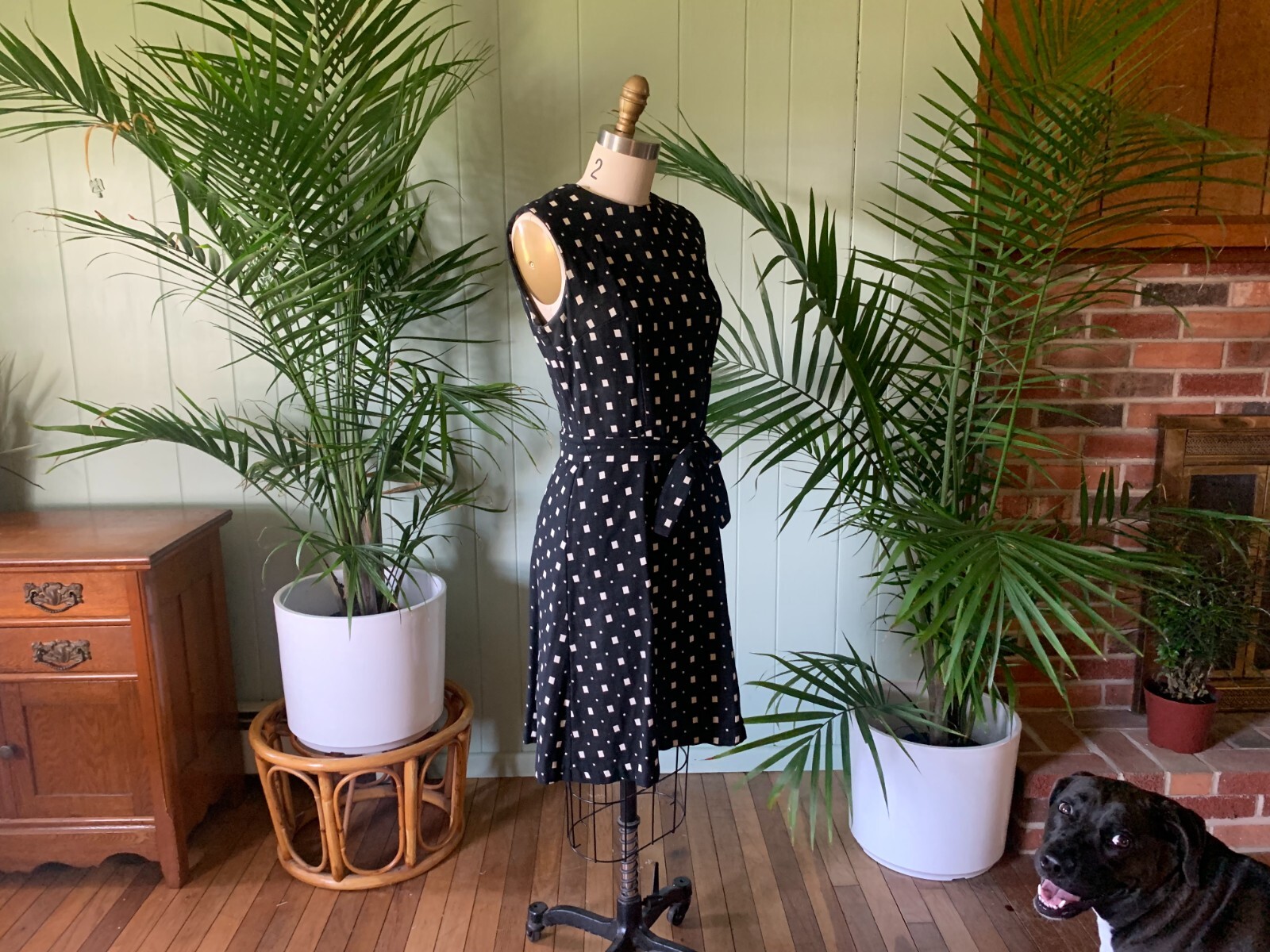 Vintage 1960s Black and Ivory Check Sleeveless Cotton Linen Look Dress