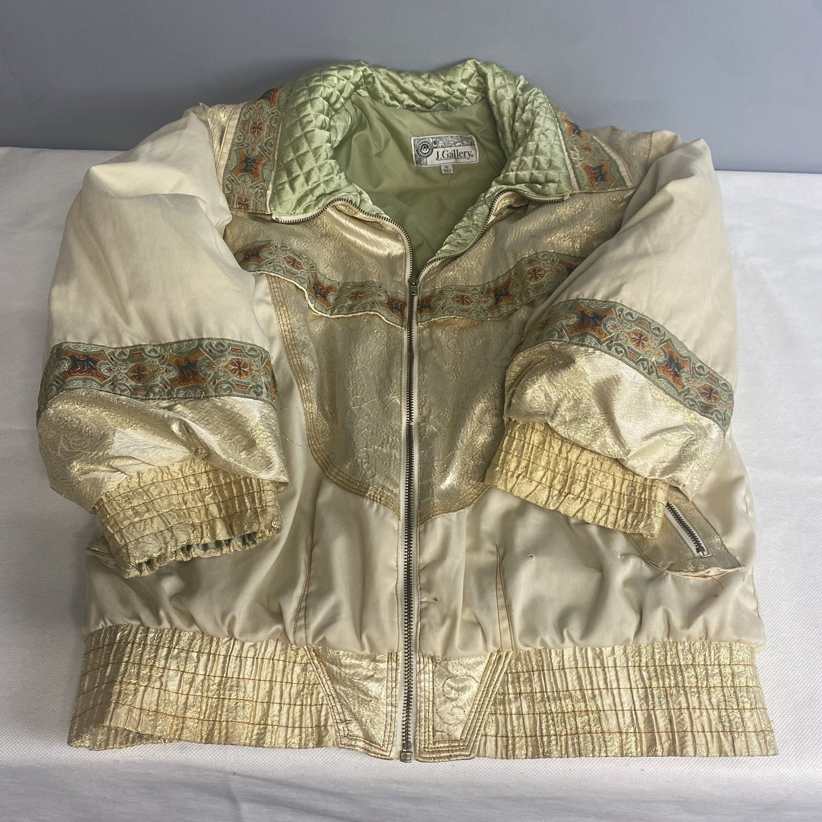 Vtg J. Gallery Puffer Jacket Coat Medium Beige Green Retro Bomber 80s Flaw