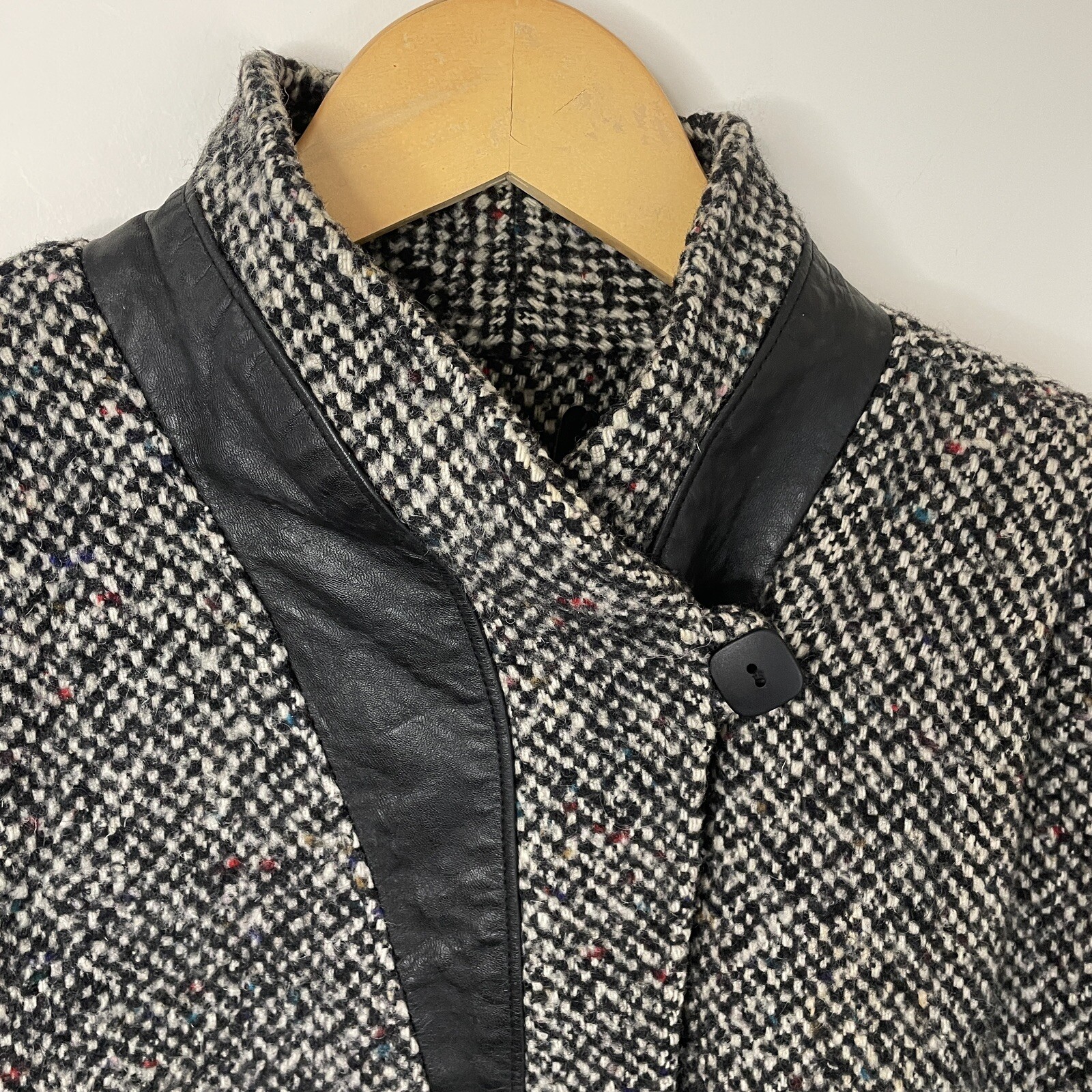 Vtg 80s DONNYBROOK Black White Tweed Long Coat w/Leather Accents Women Sz 12