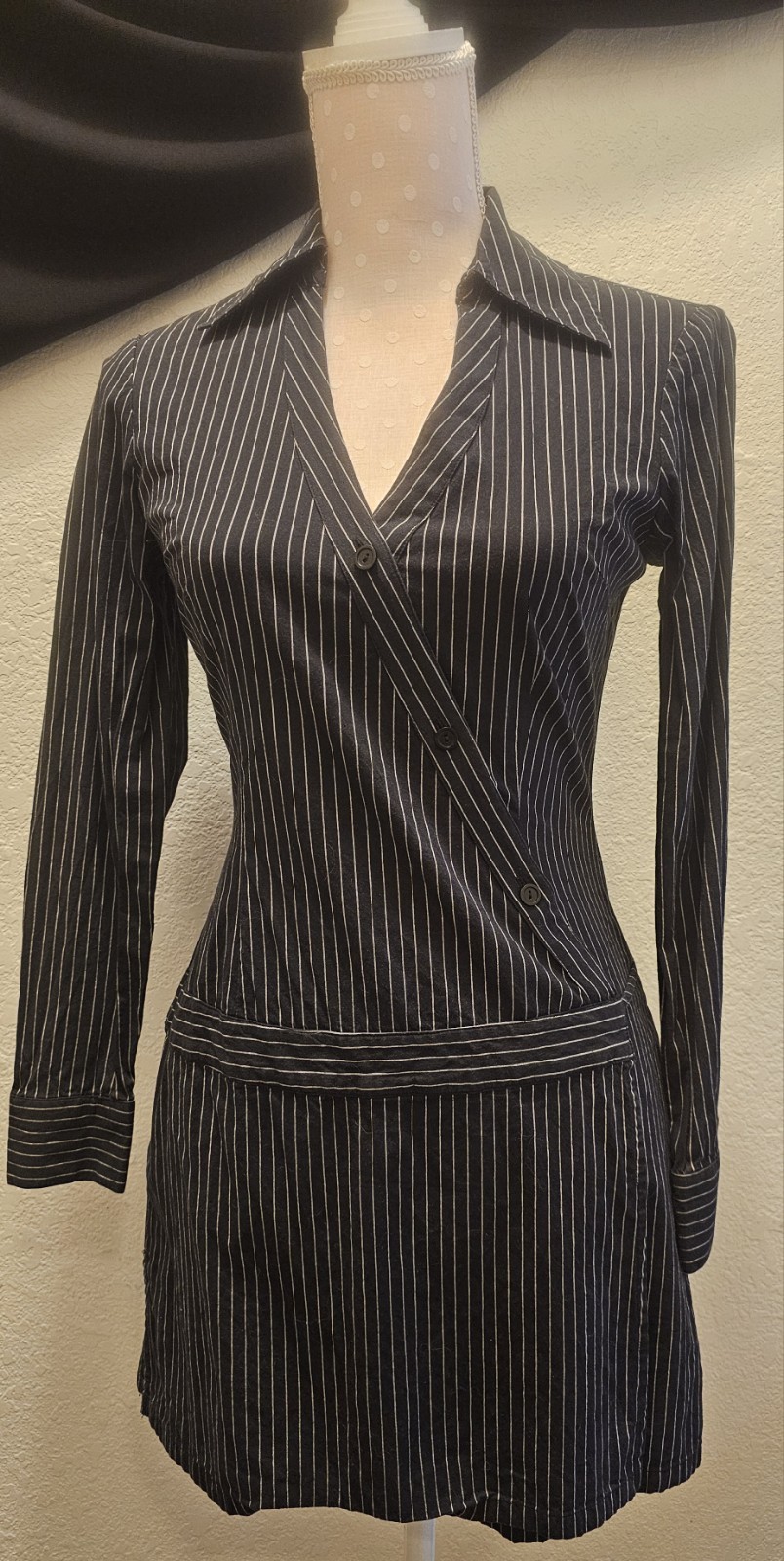 Y2K Vintage Aqua Blues Pinstripe Mini Dress Sz 5 Longsleeve Wrap dress