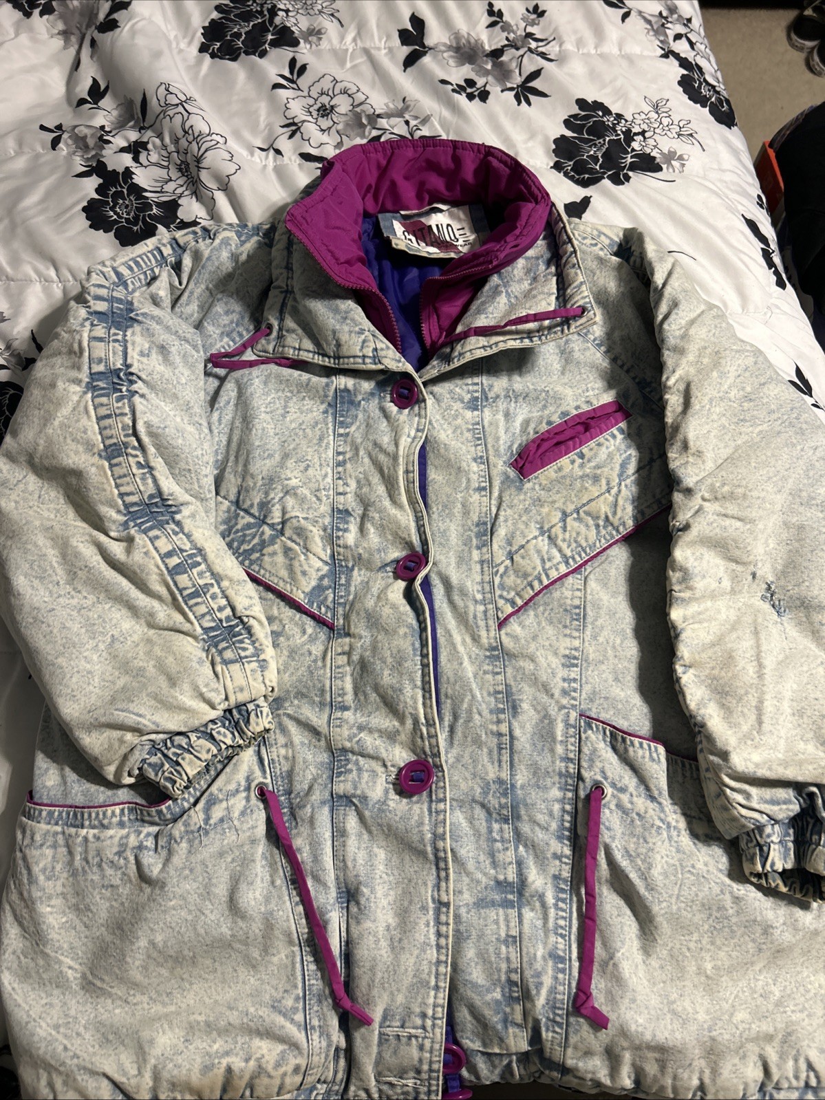 Vintage Gitano Outerwear Womens M Acid Wash Denim Jacket Floral Design 80s Retro
