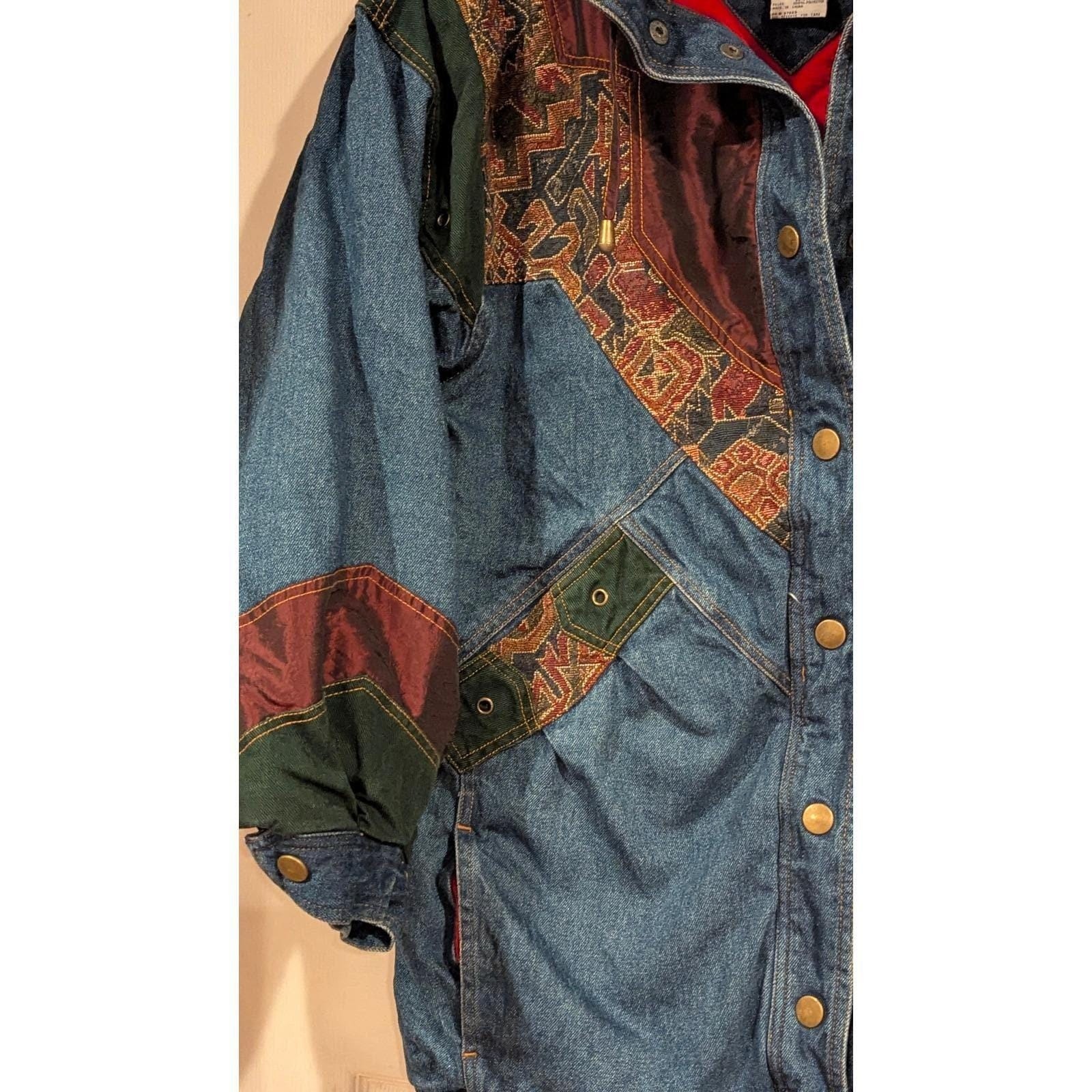 Two Twenty Denim Jacket Aztec Print Lined Snap Front Quilted Coat Vintage 90s