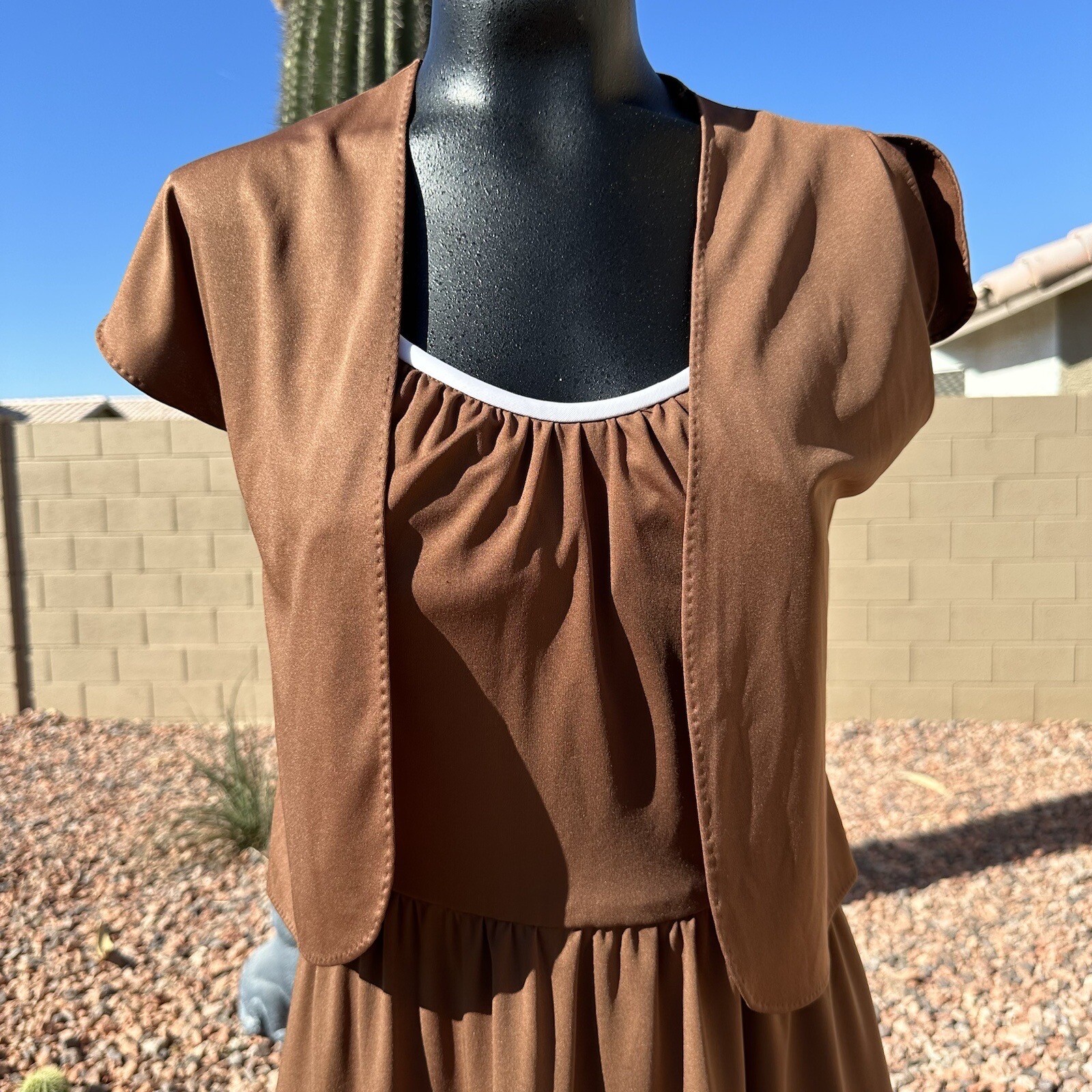 Vintage 70s Alfred Shaheen Brown Pleated Butterfly Dress Bolero Set Fits Sz 8