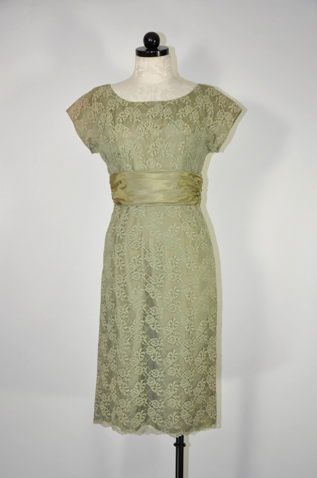 60s Vintage Sage Green Floral Lace Midi Sheath Wiggle Cocktail Dress Women XS S