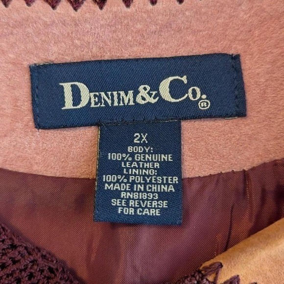 Denim & Co Genuine Leather Patchwork Crochet Jacket Mauve Pink 2X