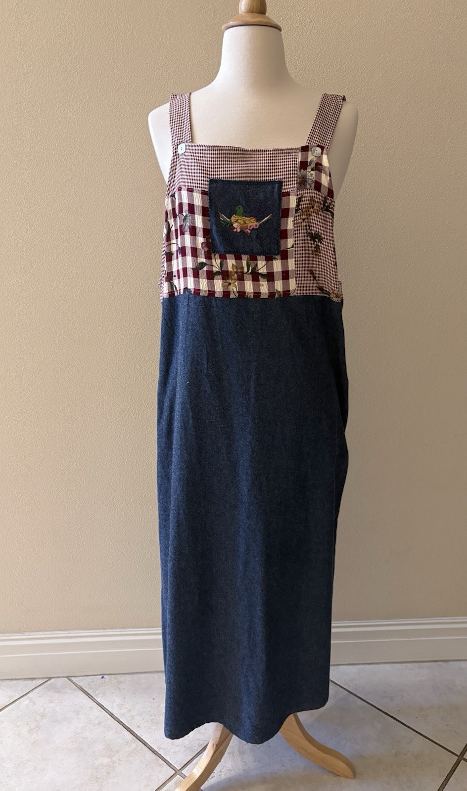 Teddi Vintage 90s Overalls Jumper Blue Denim Red Plaid Bird Maxi Dress PL