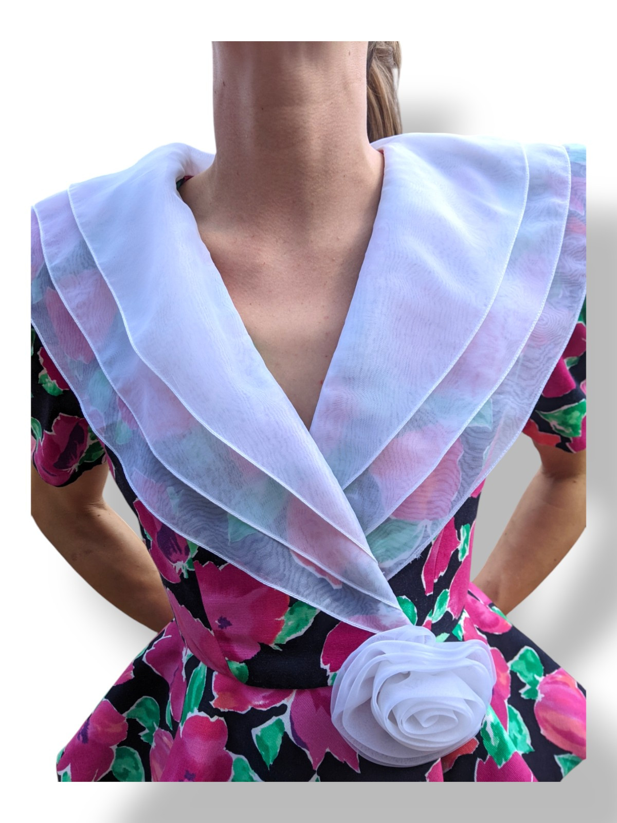 Vtg Leslie Fay 80s Peplum Jacket Top Chiffon Collar Rose Floral Easter Suit Sz 4