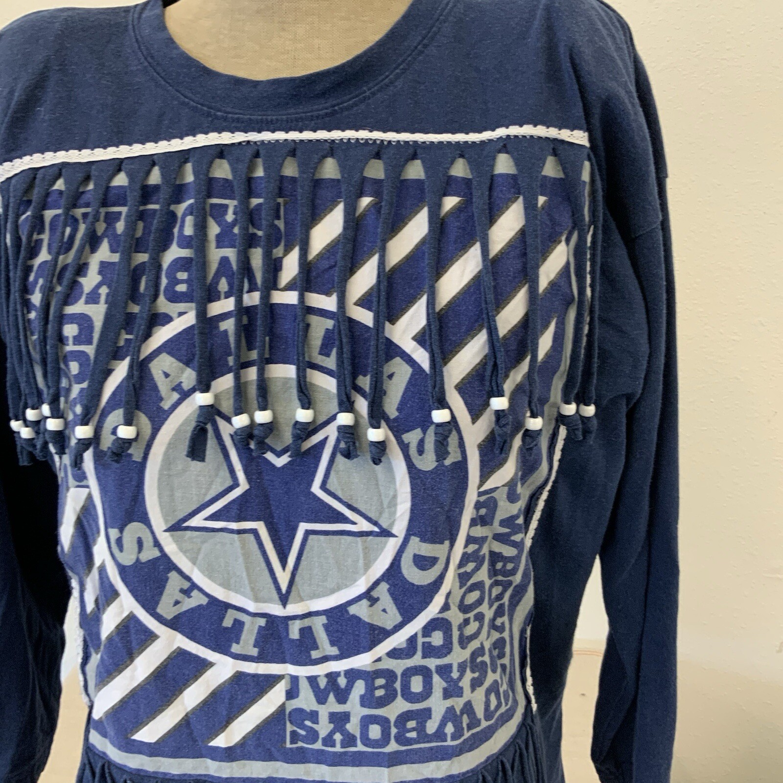 Vintage 80s Dallas Cowboys T-Shirt Osfa Fringe Western Beaded Quarter Sleeve NFL