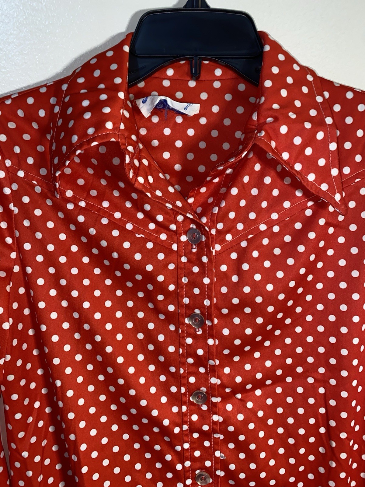 Vintage Sue Brett Red & White Polka Dot Dress M Pointed Collar Long Sleeve Retro
