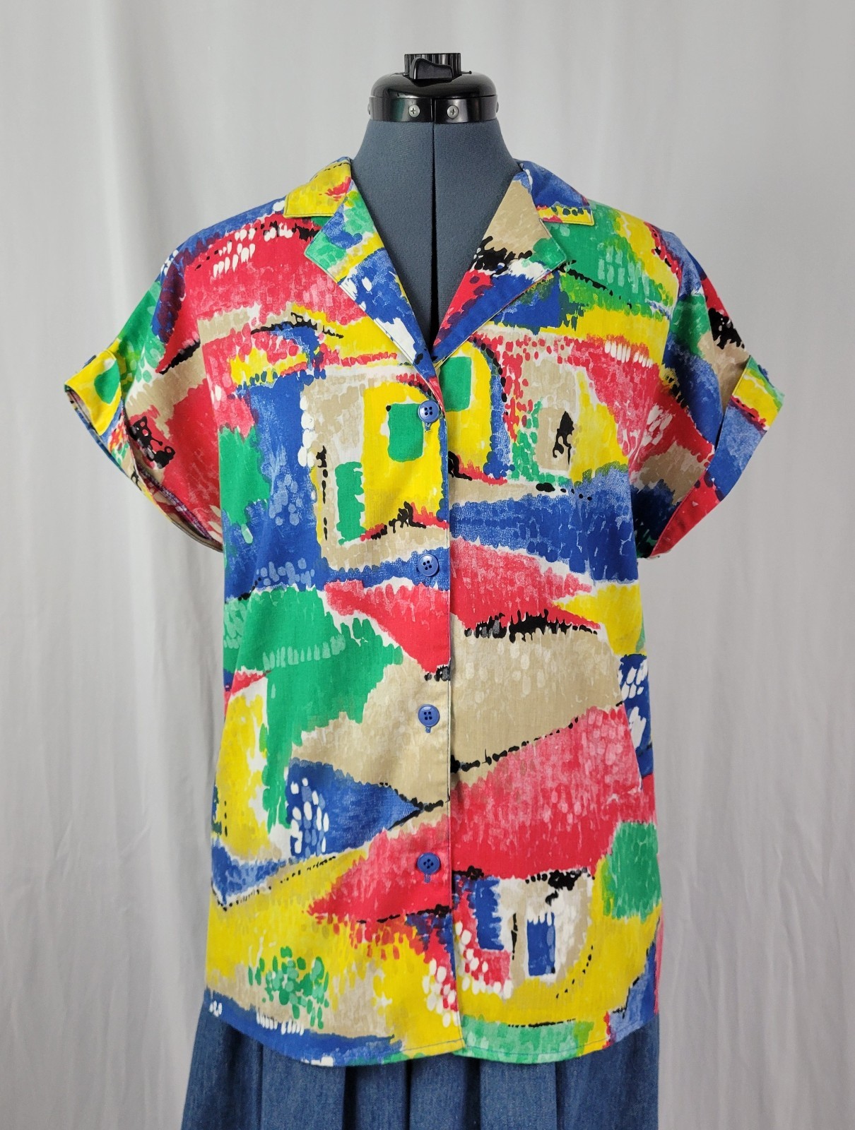 Vintage Ecco Bay Red/Yellow/Green/Blue/Tan S/S Button Down Top Size Med