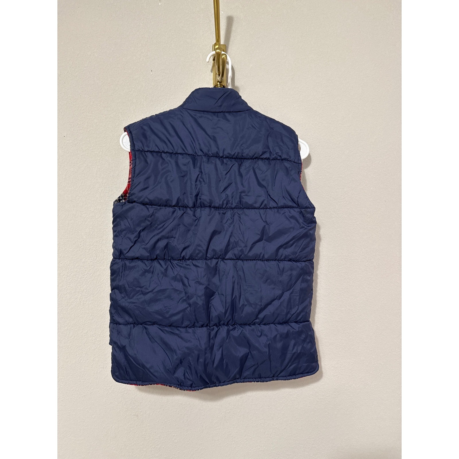 Vintage Reversible Wool Puffer Vest Women Small Navy Plaid Quilted Snap Front