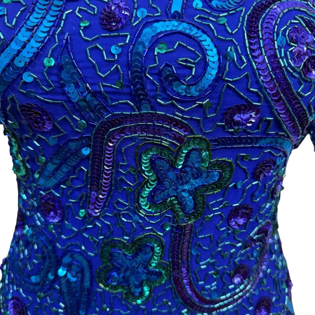 Vintage Brilliante by J.A. Silk Beaded Sequin Evening Gown Blue Purple Green Wom