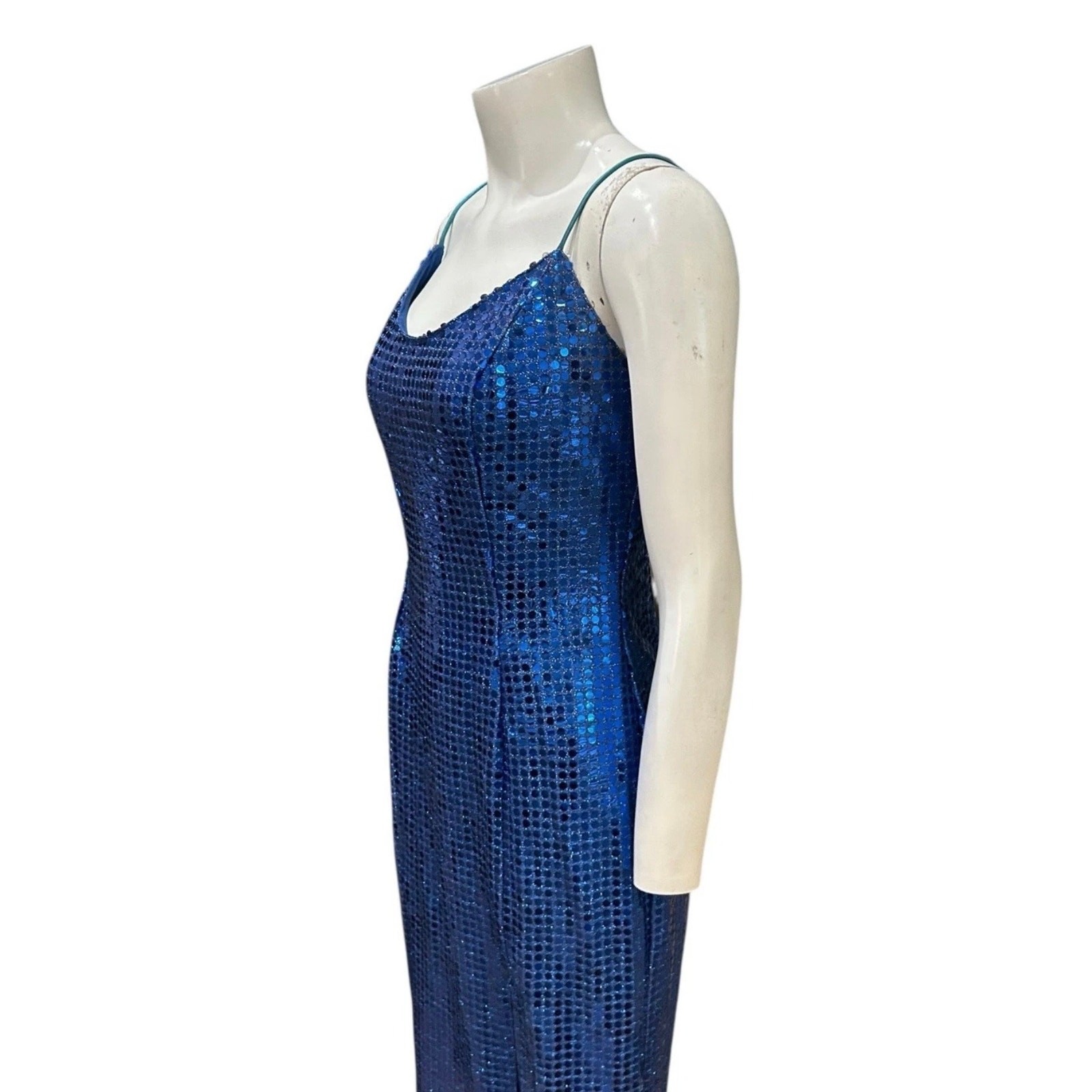 Vintage L.A. Glo Blue Sequin Maxi Dress 90s Spaghetti Strap Gown Small ^