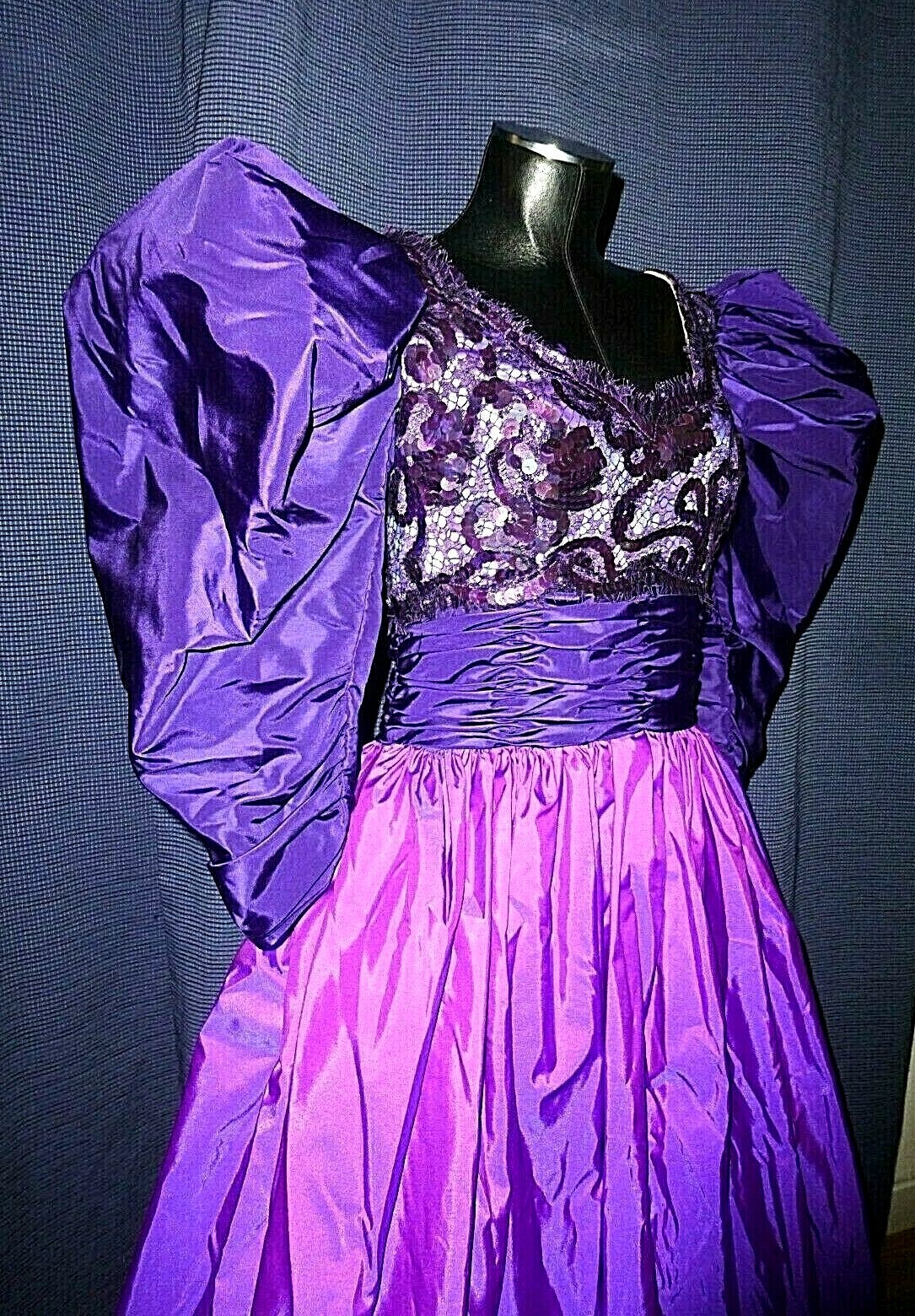 Vtg 80s VICTOR COSTA TAFFETA sequins Lace Evening FORMAL Ball GOWN maxi Dress XL