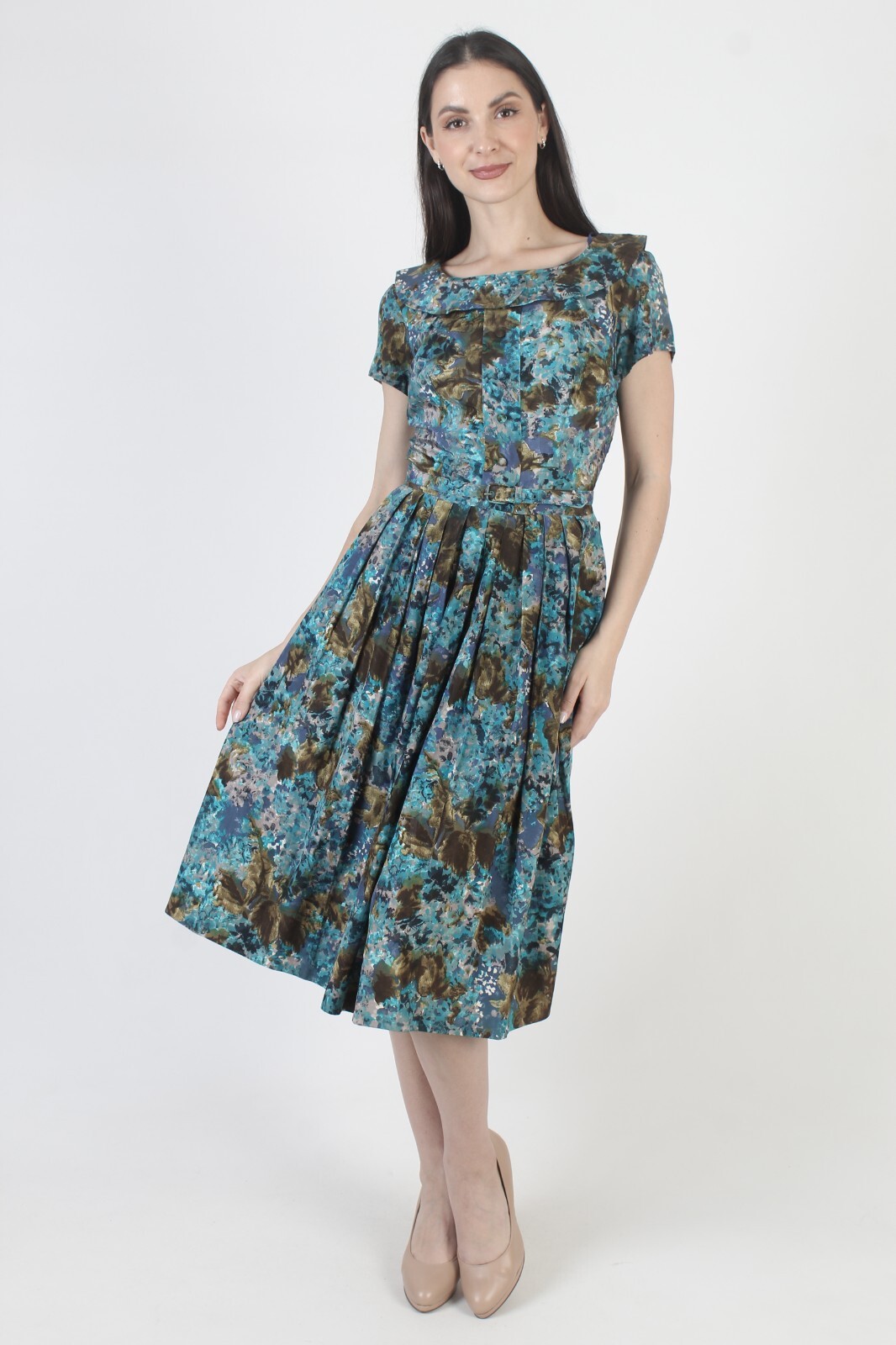 Vintage 50s Pat Nichols Floral Dress Mid Century Pin Up Belted Rockabilly Swing