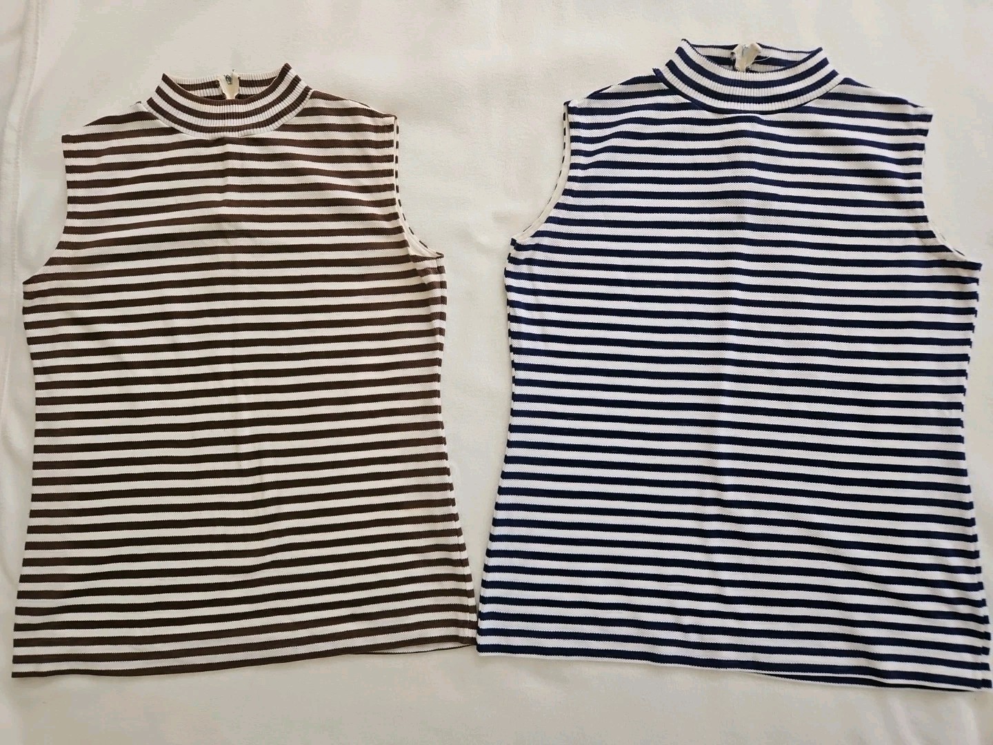 2 VTG Jack Winter 1970’ Mock Neck Sleeveless Tops Blue Stripe/Brown Stripe Zip
