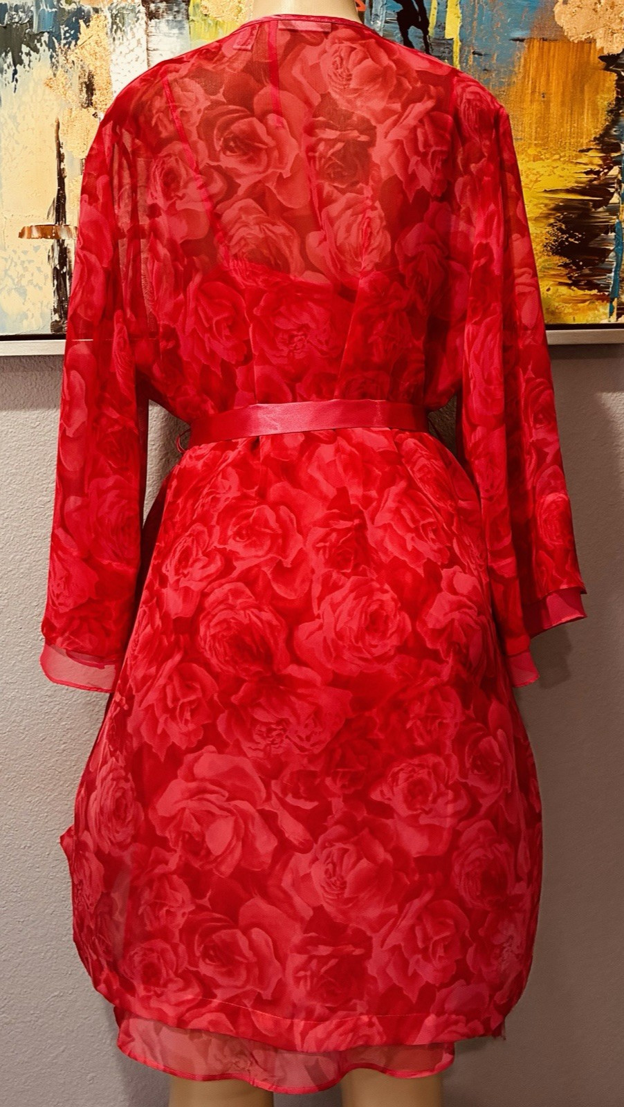 Vtg Pink Coral Double Chiffon Nightgown Tassel Satin Robe S M