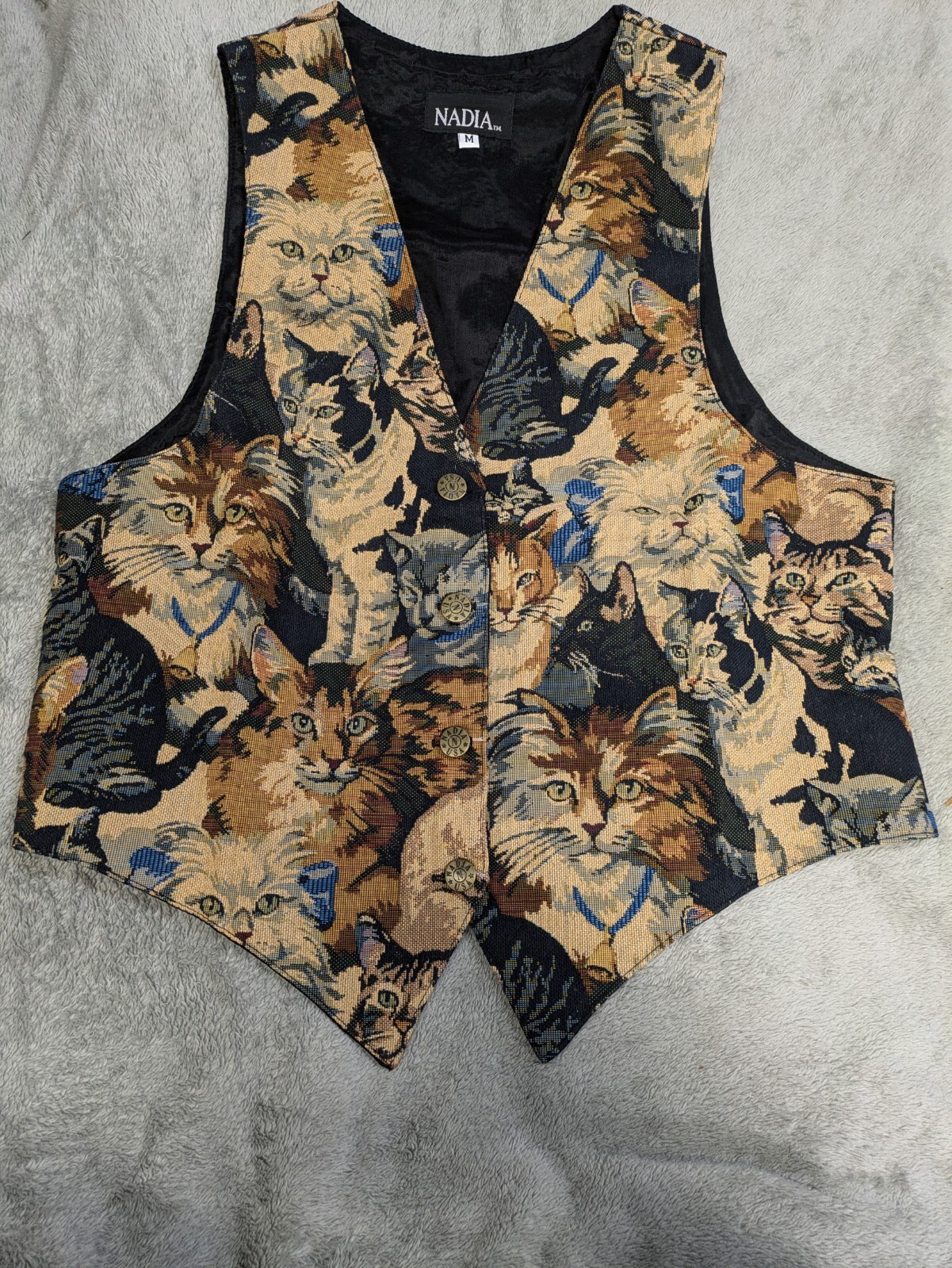 Vintage Nadia Embroidered KITTY CATS Tapestry Womens MED Grandmacore Vest NEW v3